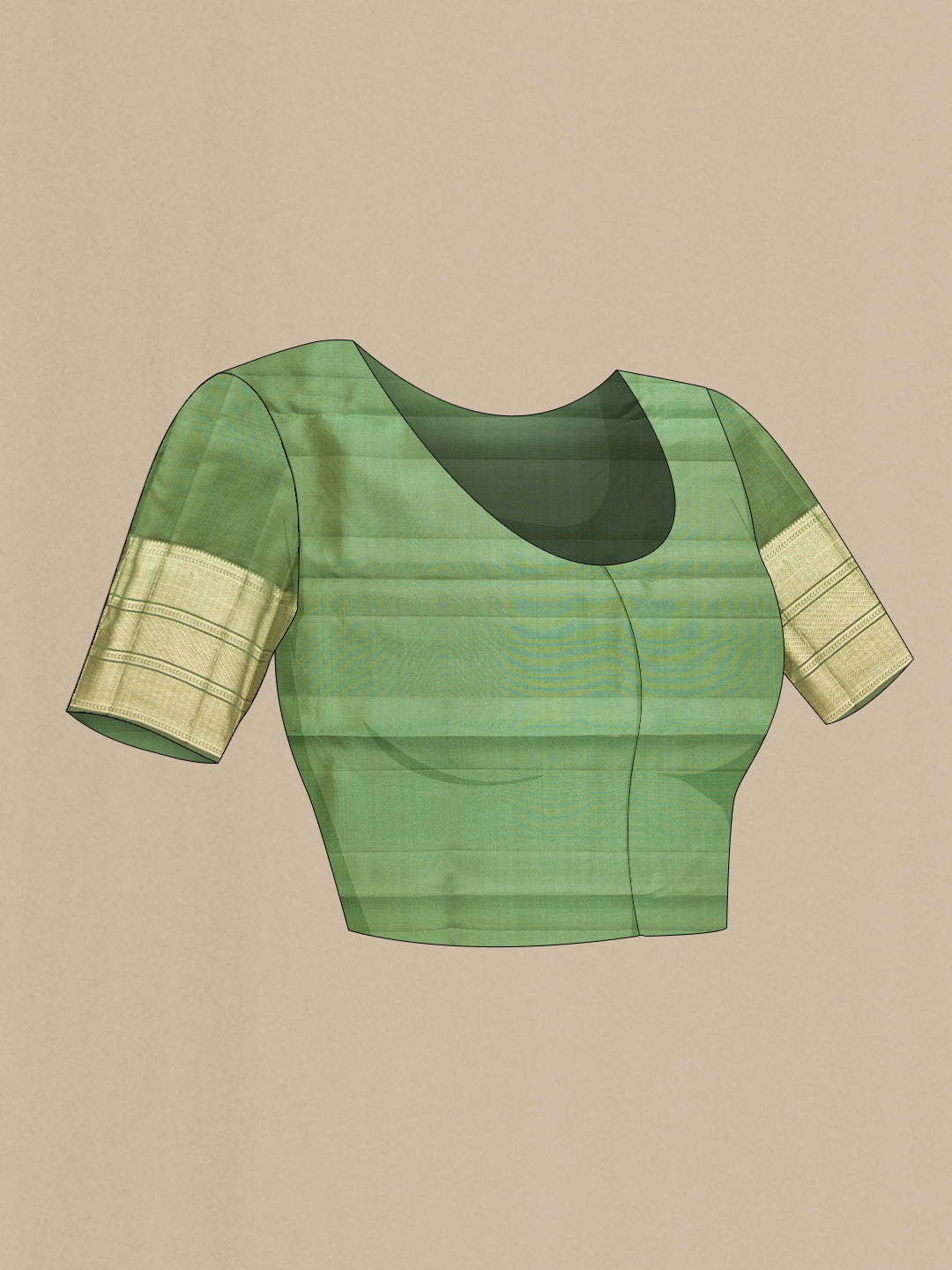 Close up image of the blouse of Pista Green Dual Tone Kanchipuram Silk Saree with Zari Brocade on the body and Zari Border. 