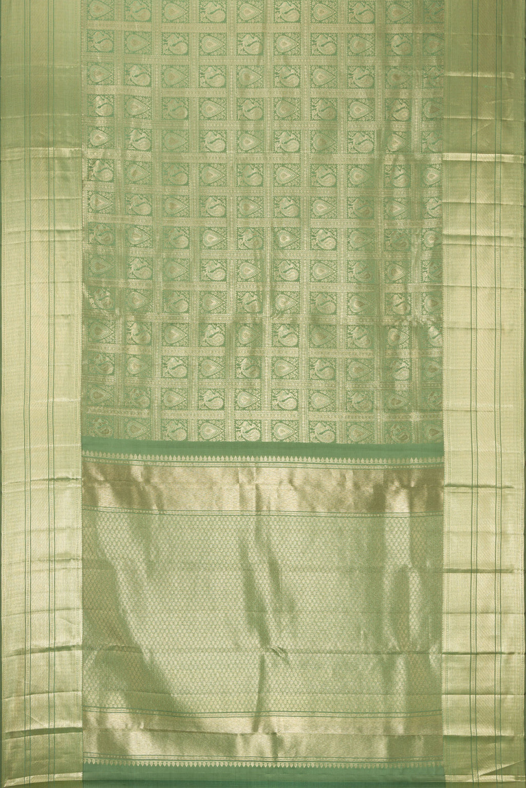 Flat view of Pista Green Dual Tone Kanchipuram Silk Saree with Zari Brocade on the body and Zari Border. 
