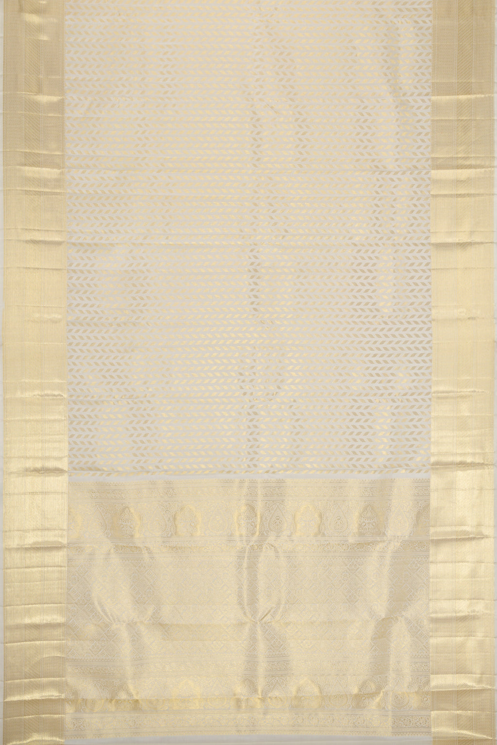 Flat view of Off White Dual Tone Kanchipuram Silk Saree with Zari Brocade on the body and Zari Border. 