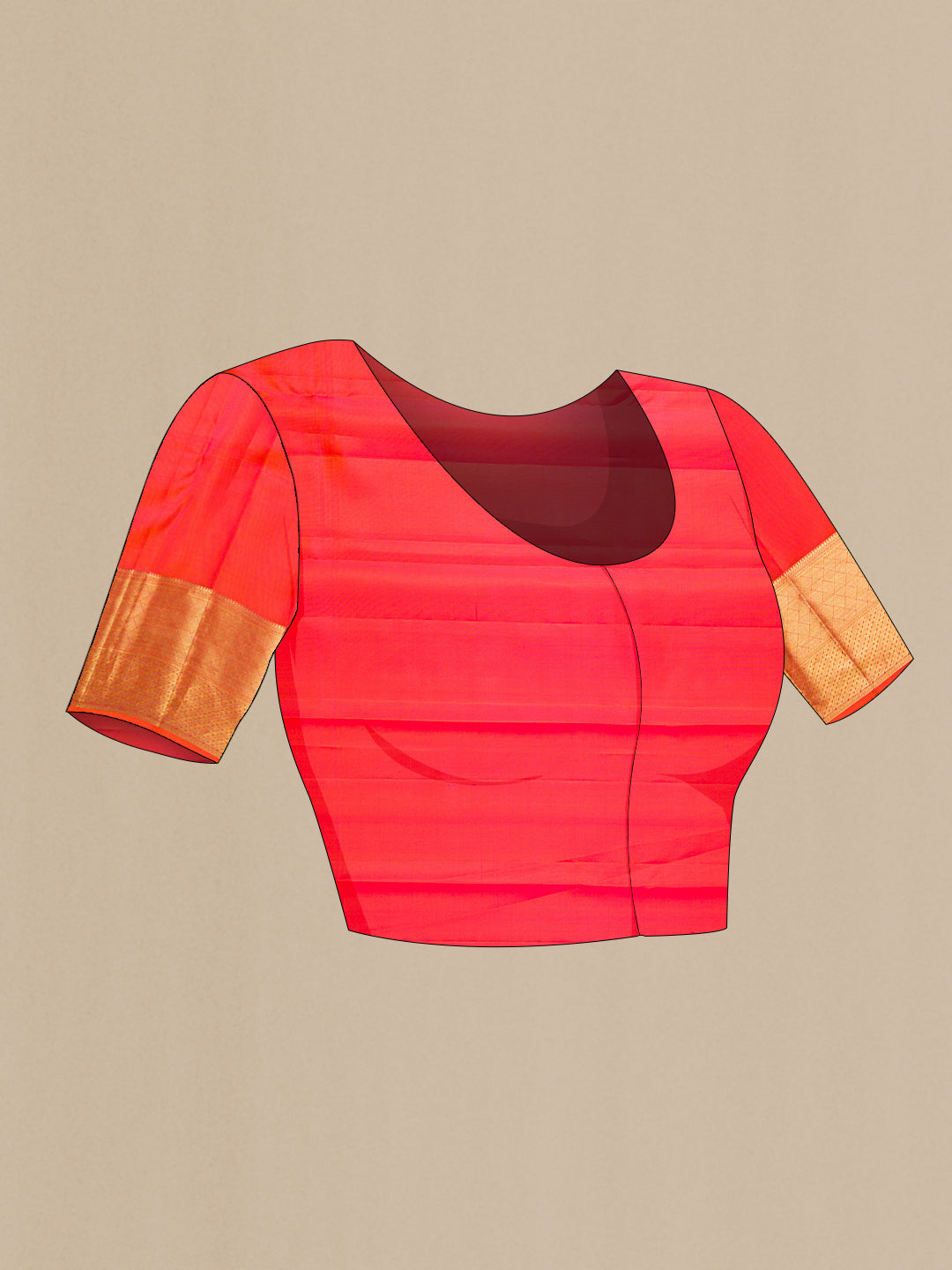 Close up image of the blouse of Orange Dual Tone Kanchipuram Silk Saree with Checked design on the body and Zari Border. 