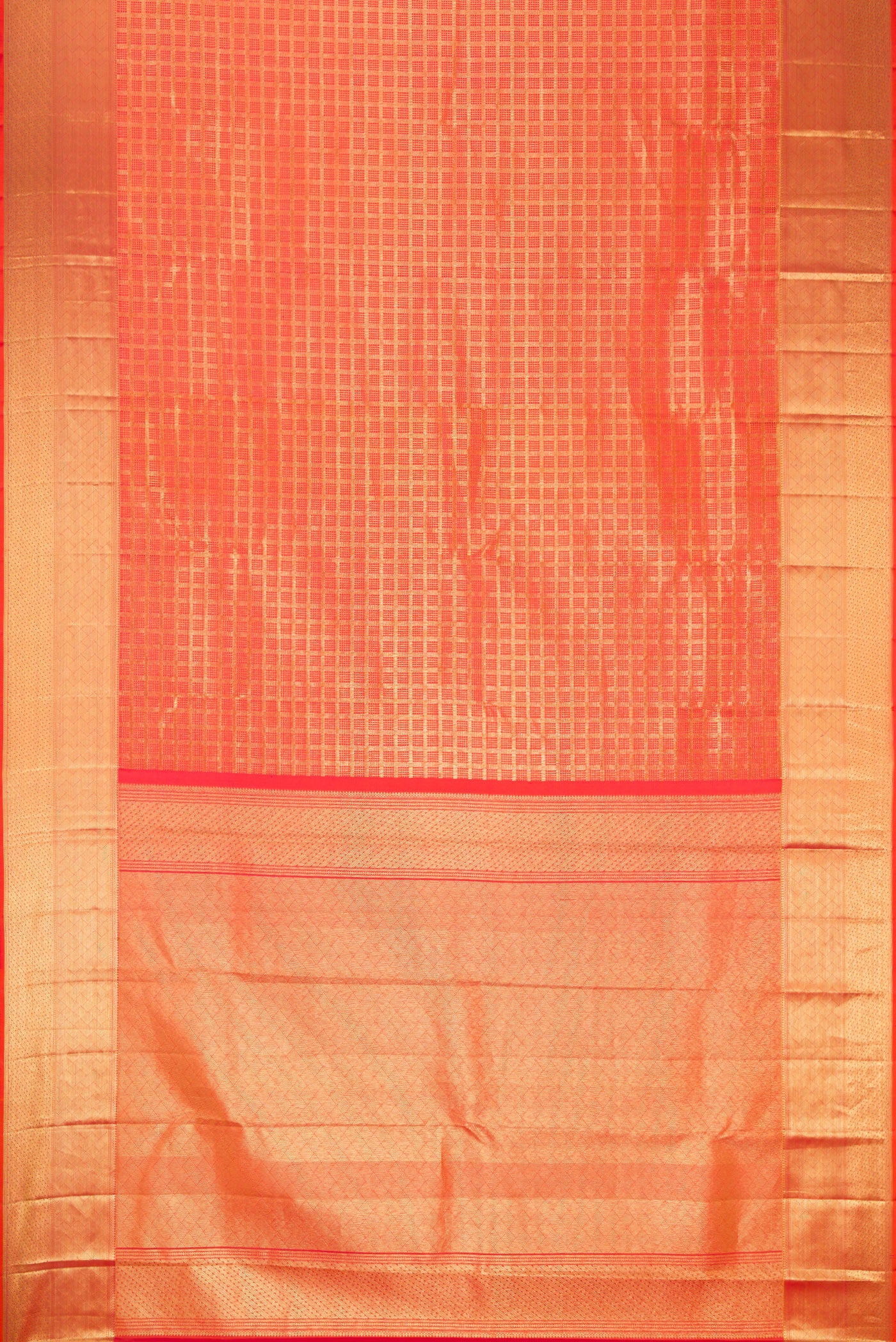Flat view of Orange Dual Tone Kanchipuram Silk Saree with Checked design on the body and Zari Border. 