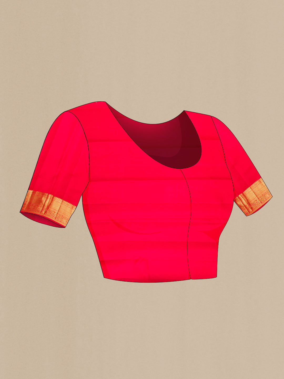 Close up image of the blouse of Red Dual Tone Kanchipuram Silk Saree with Zari Brocade on the body and Zari Border. 