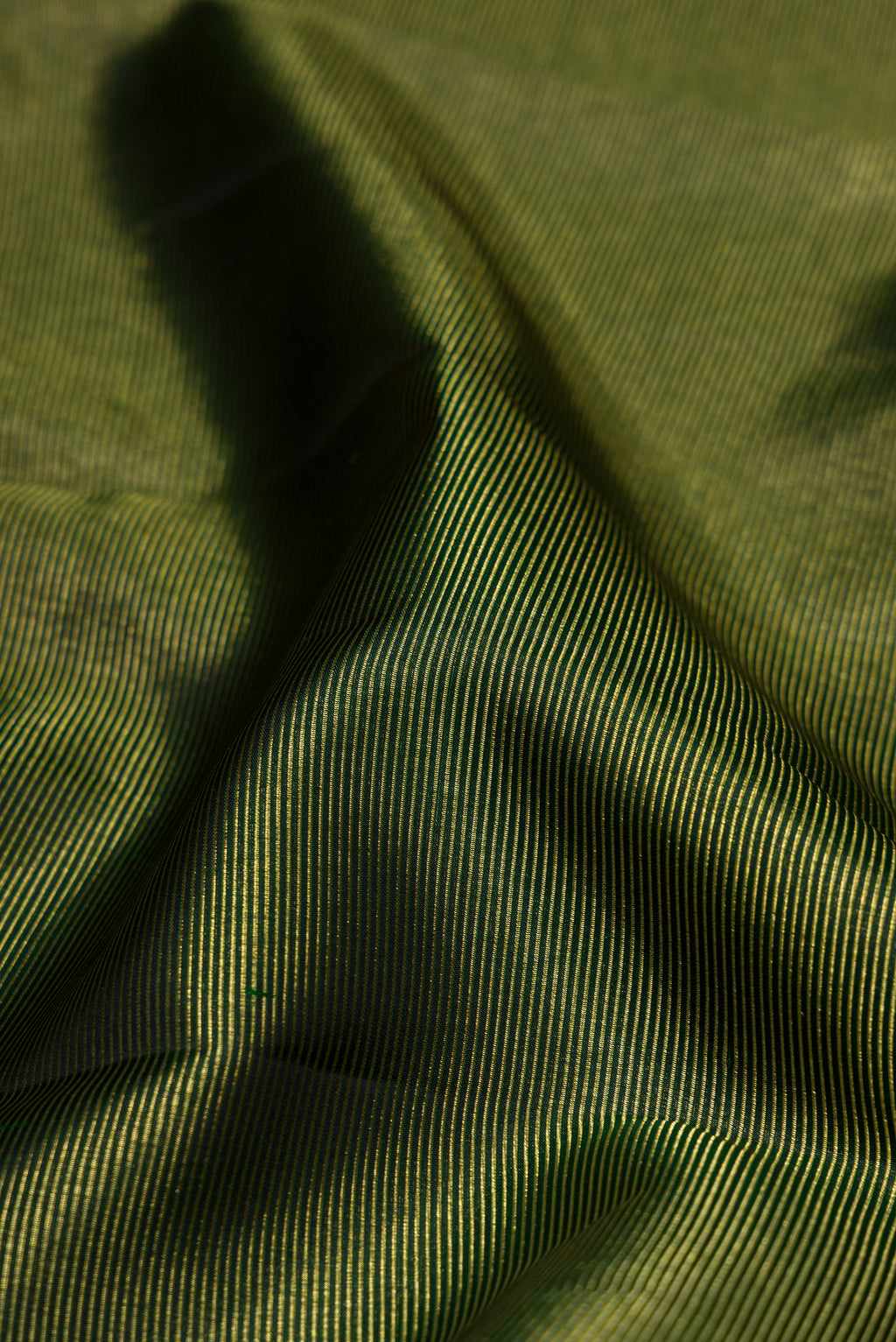 Close up of Bottle Green Kanchipuram Silk Saree with Zari Brocade on the body and Fancy Border.  displaying folds