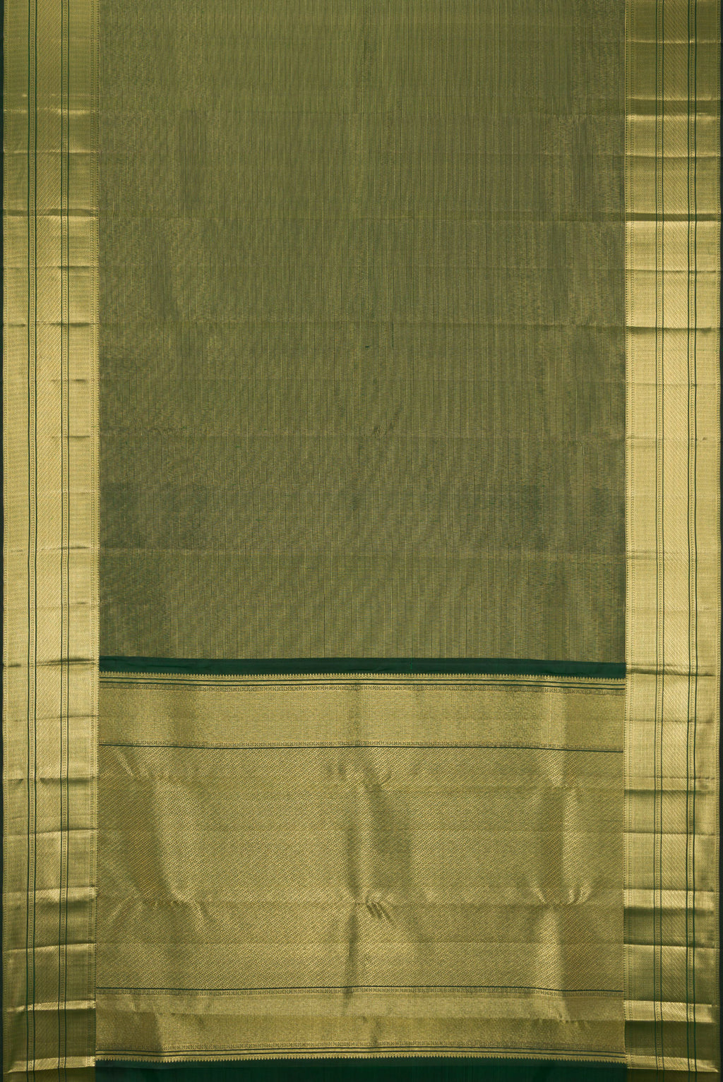 Flat view of Bottle Green Kanchipuram Silk Saree with Zari Brocade on the body and Fancy Border. 