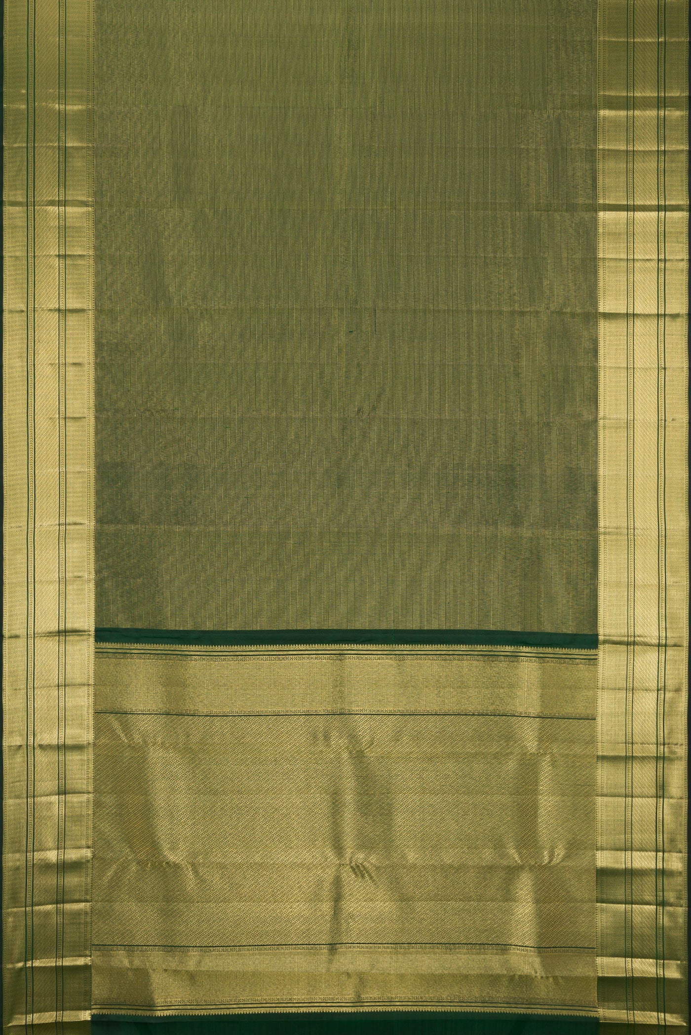 Flat view of Bottle Green Kanchipuram Silk Saree with Zari Brocade on the body and Fancy Border. 