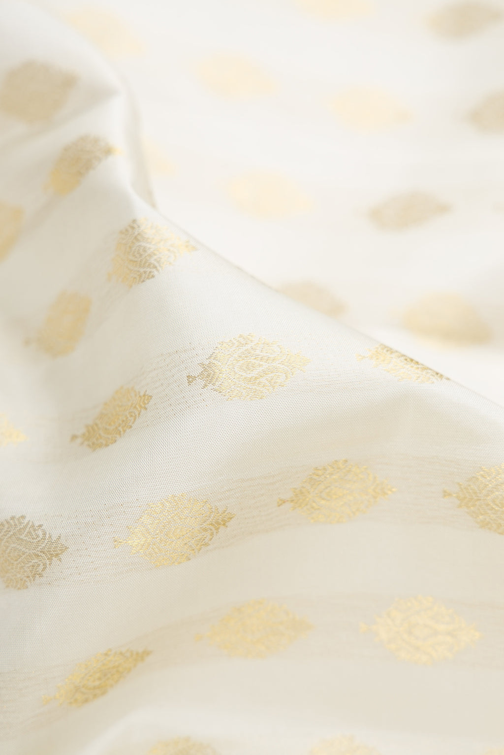 Close up of Off White Kanchipuram Silk Saree with Zari Butta on the body and Zari Border.  displaying folds
