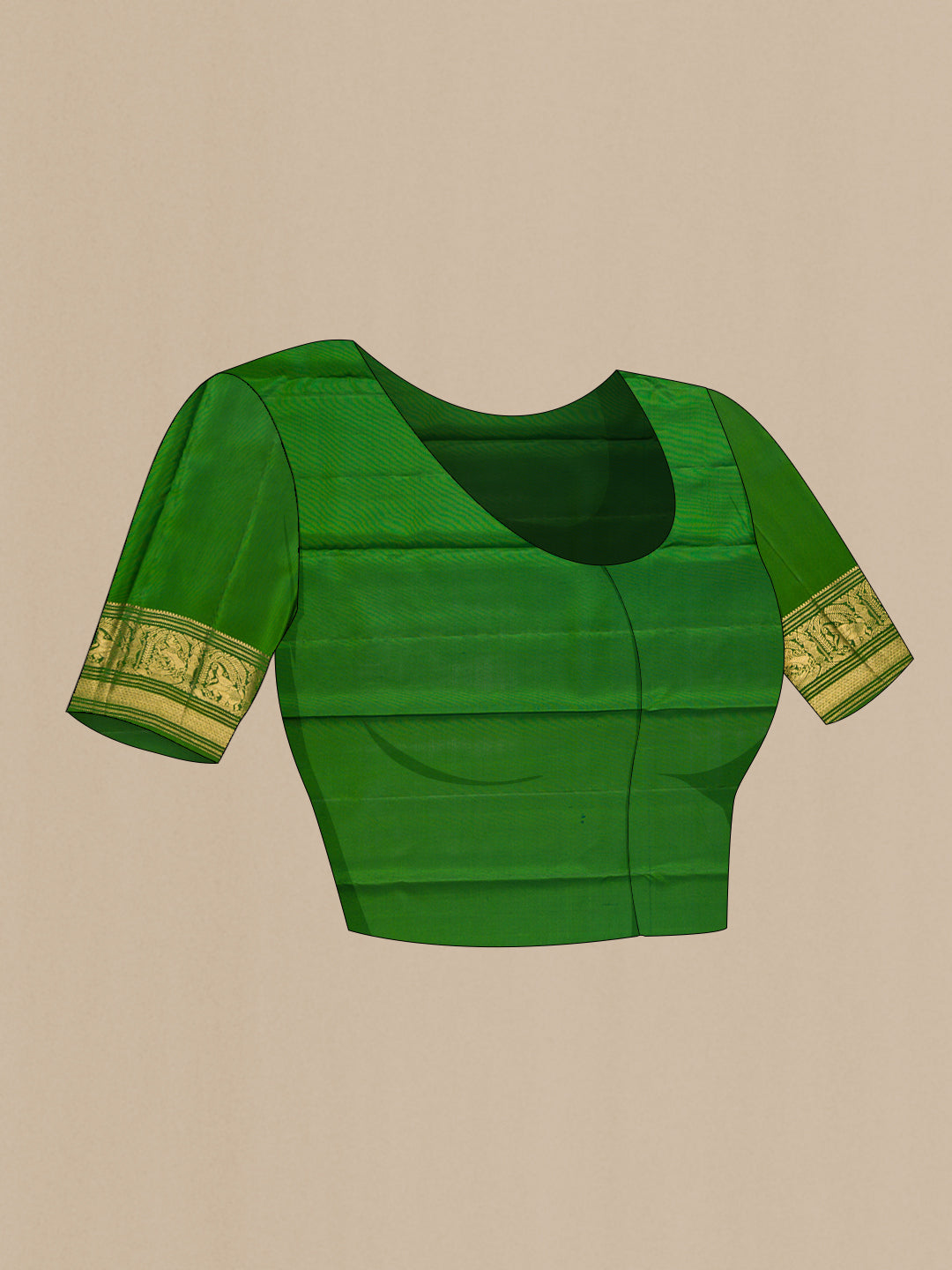 Close up image of the blouse of Mehandi Green Dual Tone Kanchipuram Silk Saree with Zari Brocade on the body and Zari Border. 