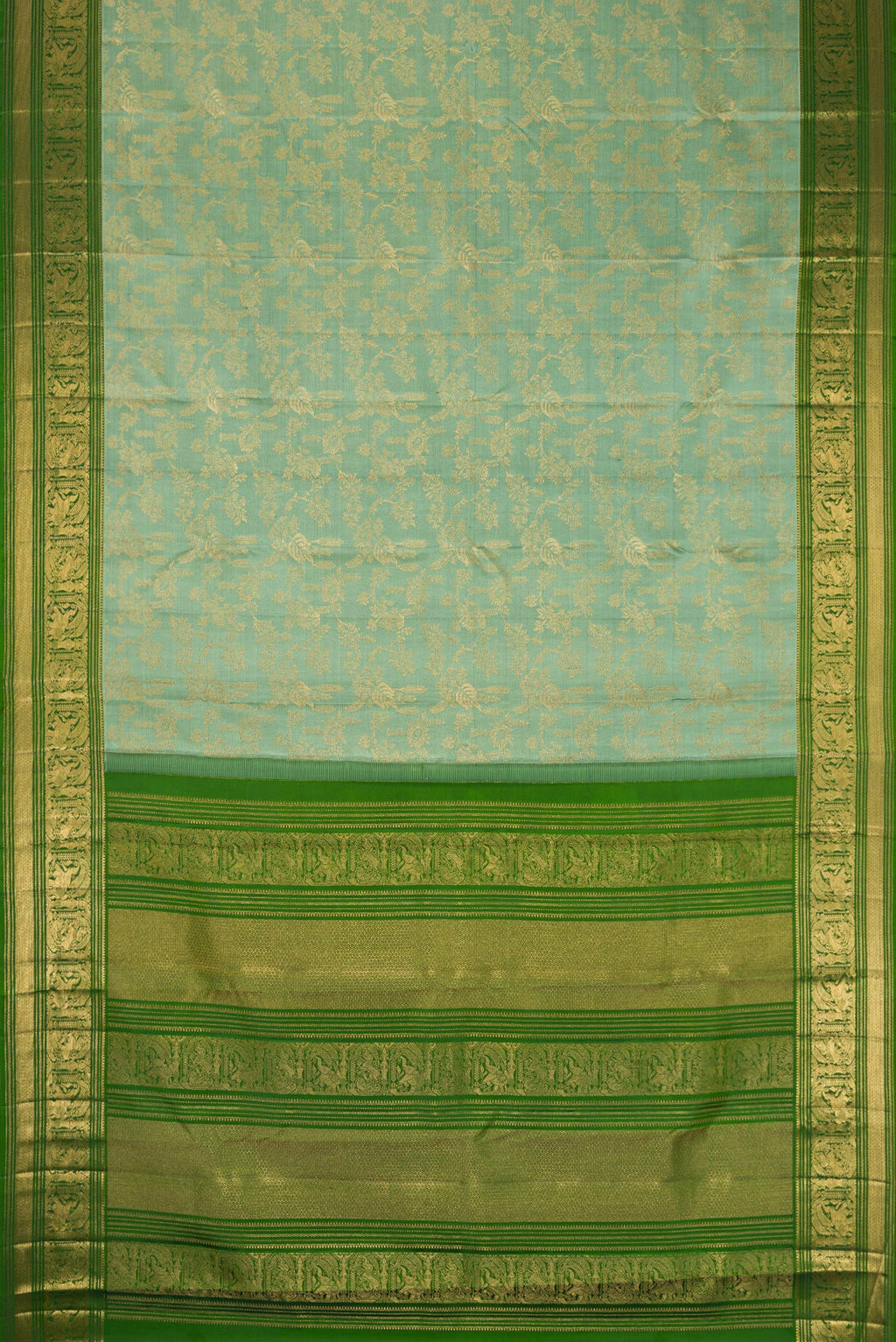 Flat view of Mehandi Green Dual Tone Kanchipuram Silk Saree with Zari Brocade on the body and Zari Border. 