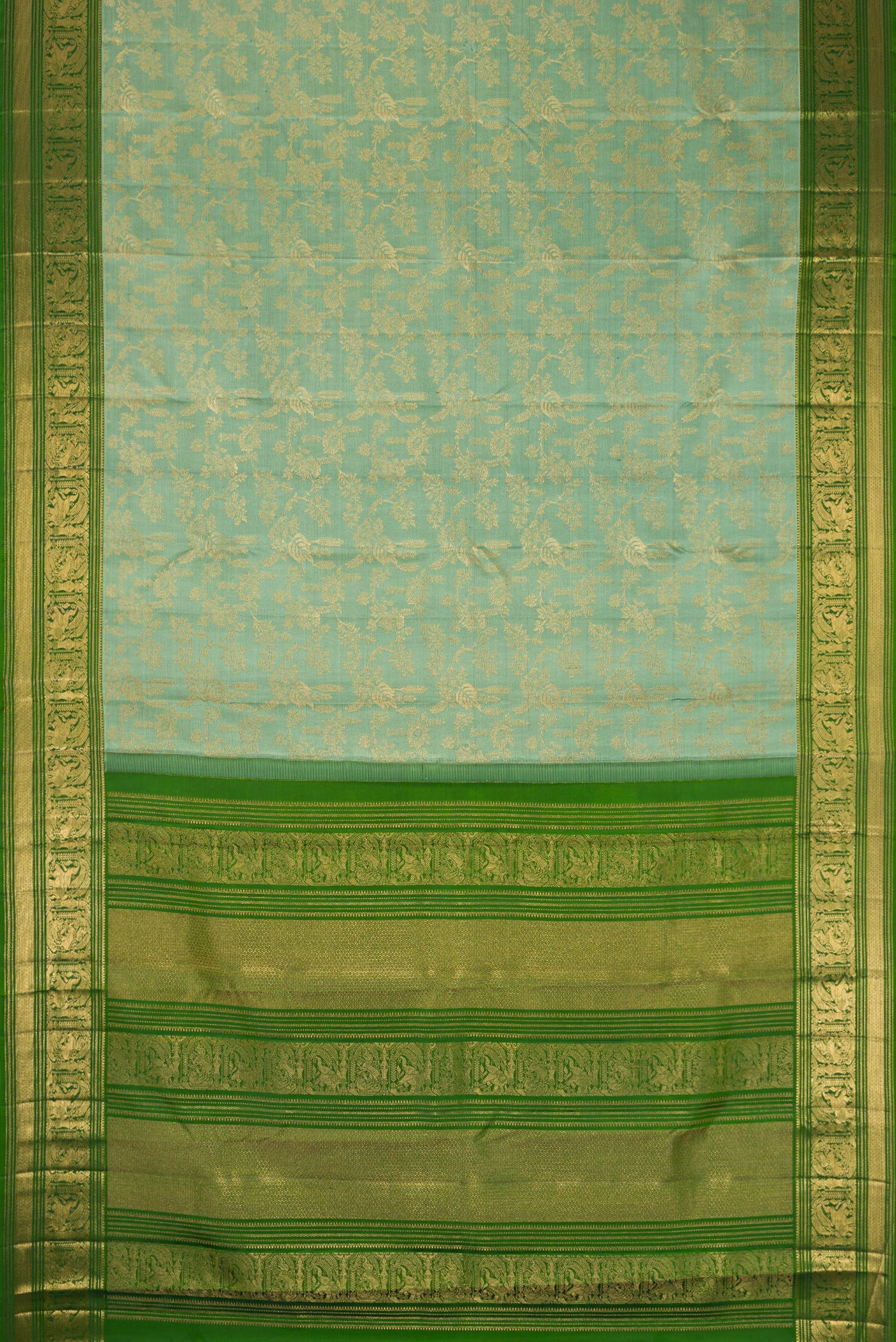 Flat view of Mehandi Green Dual Tone Kanchipuram Silk Saree with Zari Brocade on the body and Zari Border. 
