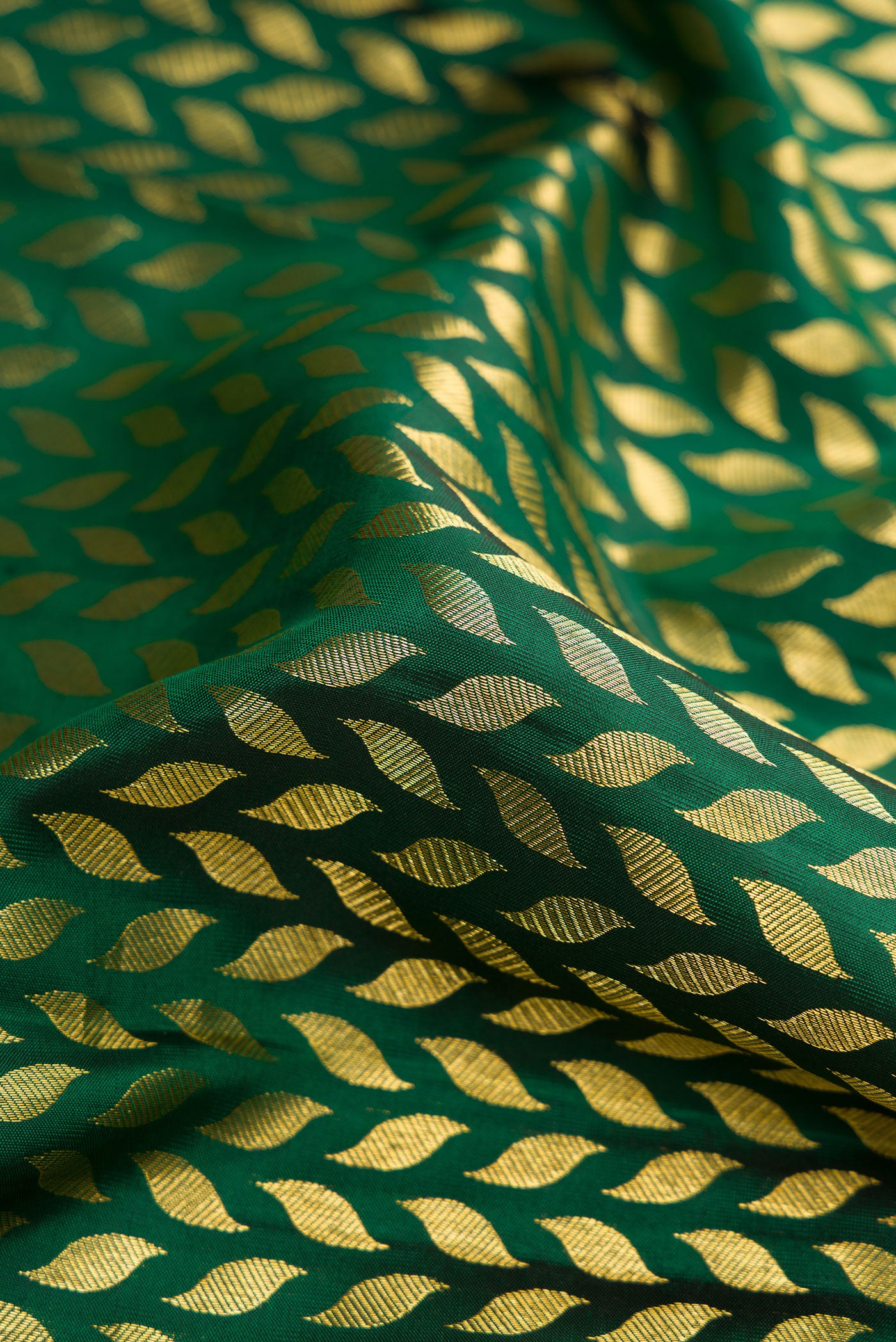Close up of Bottle Green Dual Tone Kanchipuram Silk Saree with Zari Brocade on the body and Zari Border.  displaying folds