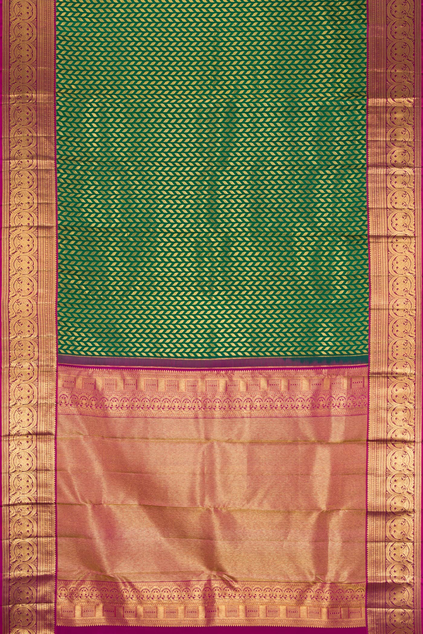 Flat view of Bottle Green Dual Tone Kanchipuram Silk Saree with Zari Brocade on the body and Zari Border. 