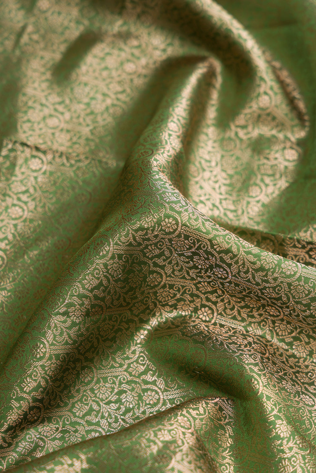 Close up of Mehandi Green Dual Tone Kanchipuram Silk Saree with Zari Brocade on the body and Zari Border.  displaying folds