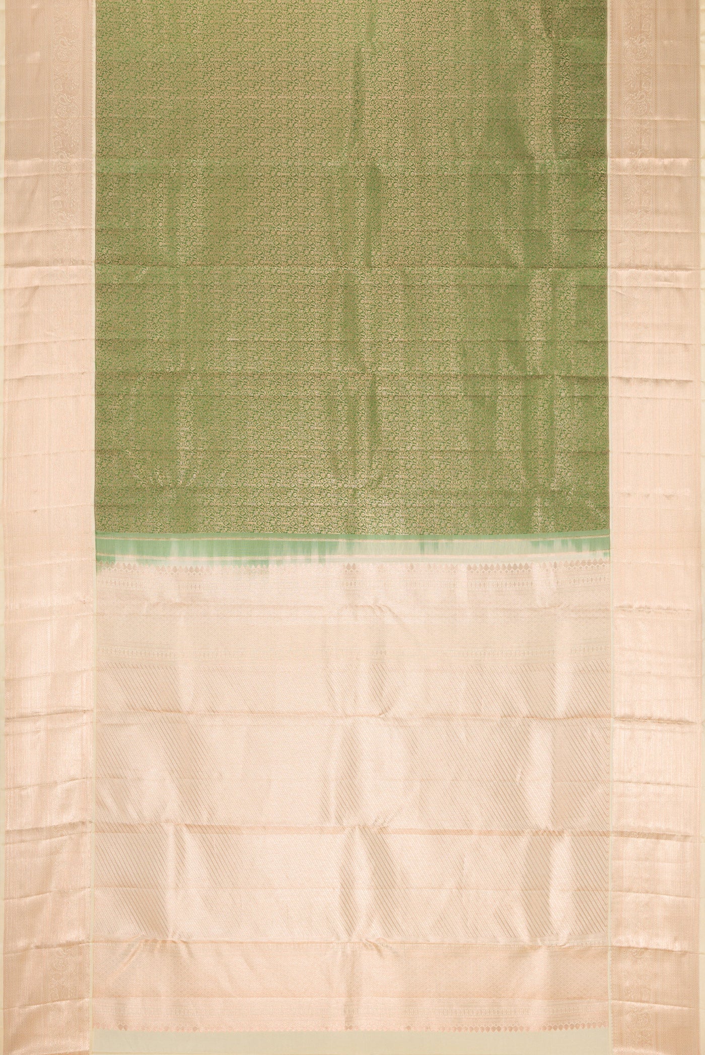 Flat view of Mehandi Green Dual Tone Kanchipuram Silk Saree with Zari Brocade on the body and Zari Border. 