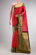 Dark Pink Dual Tone Kanchipuram Silk Saree with Zari Brocade on the body and Zari Border.  displayed on a mannequin