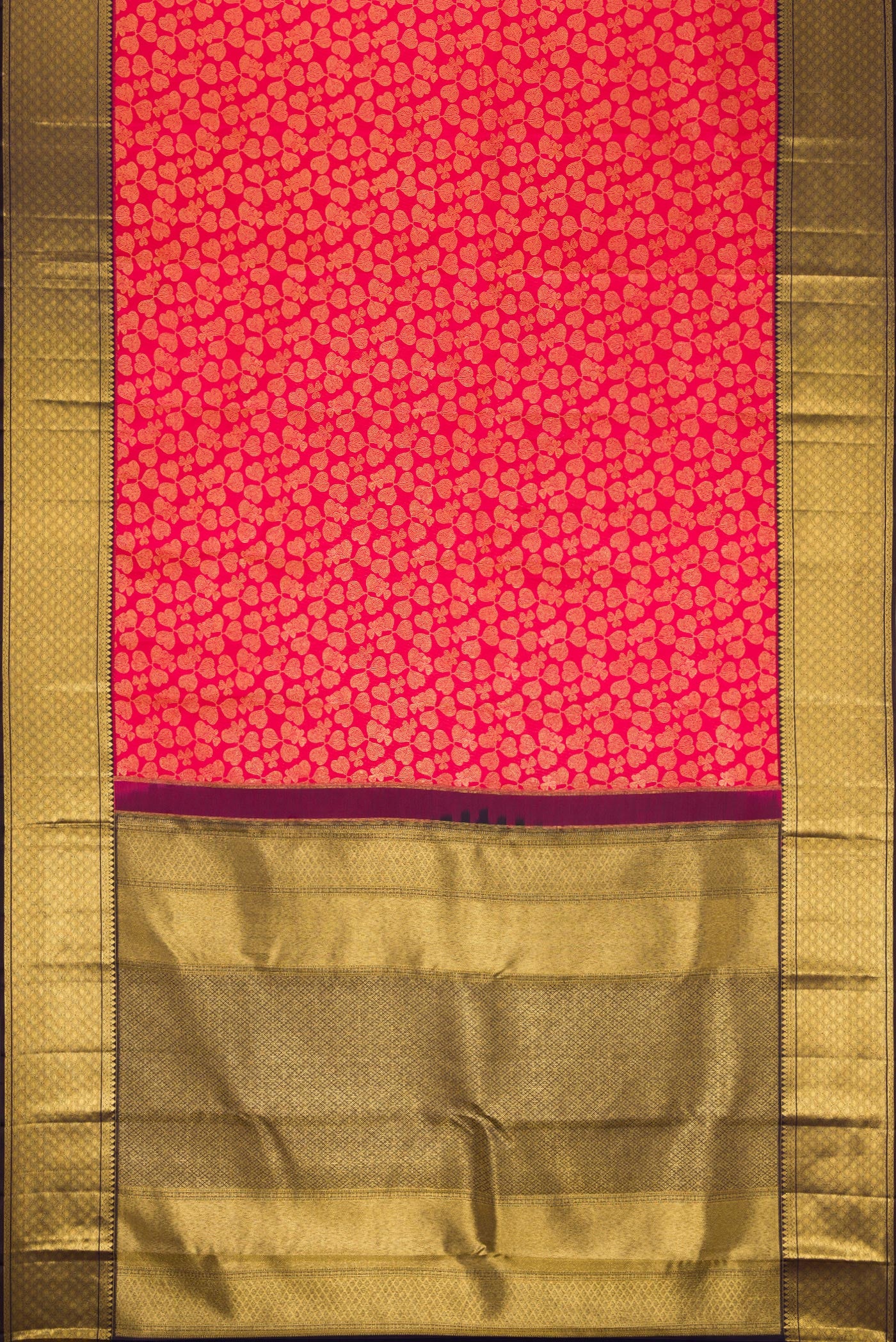 Flat view of Dark Pink Dual Tone Kanchipuram Silk Saree with Zari Brocade on the body and Zari Border. 