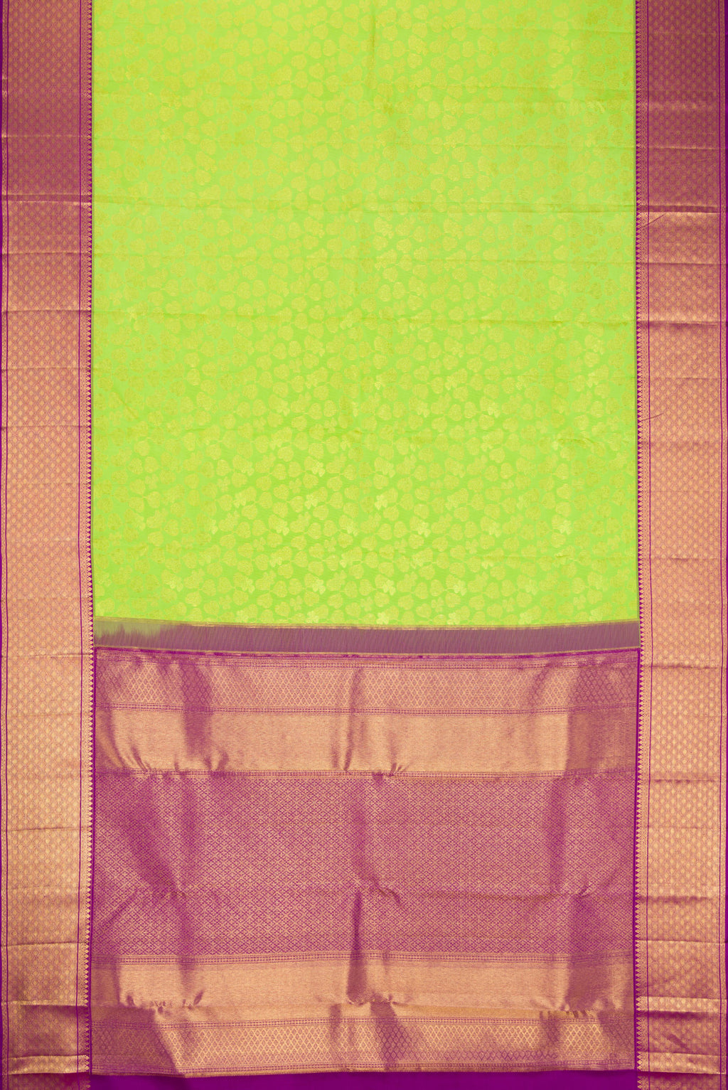 Flat view of Parrot Green Dual Tone Kanchipuram Silk Saree with Zari Brocade on the body and Zari Border. 