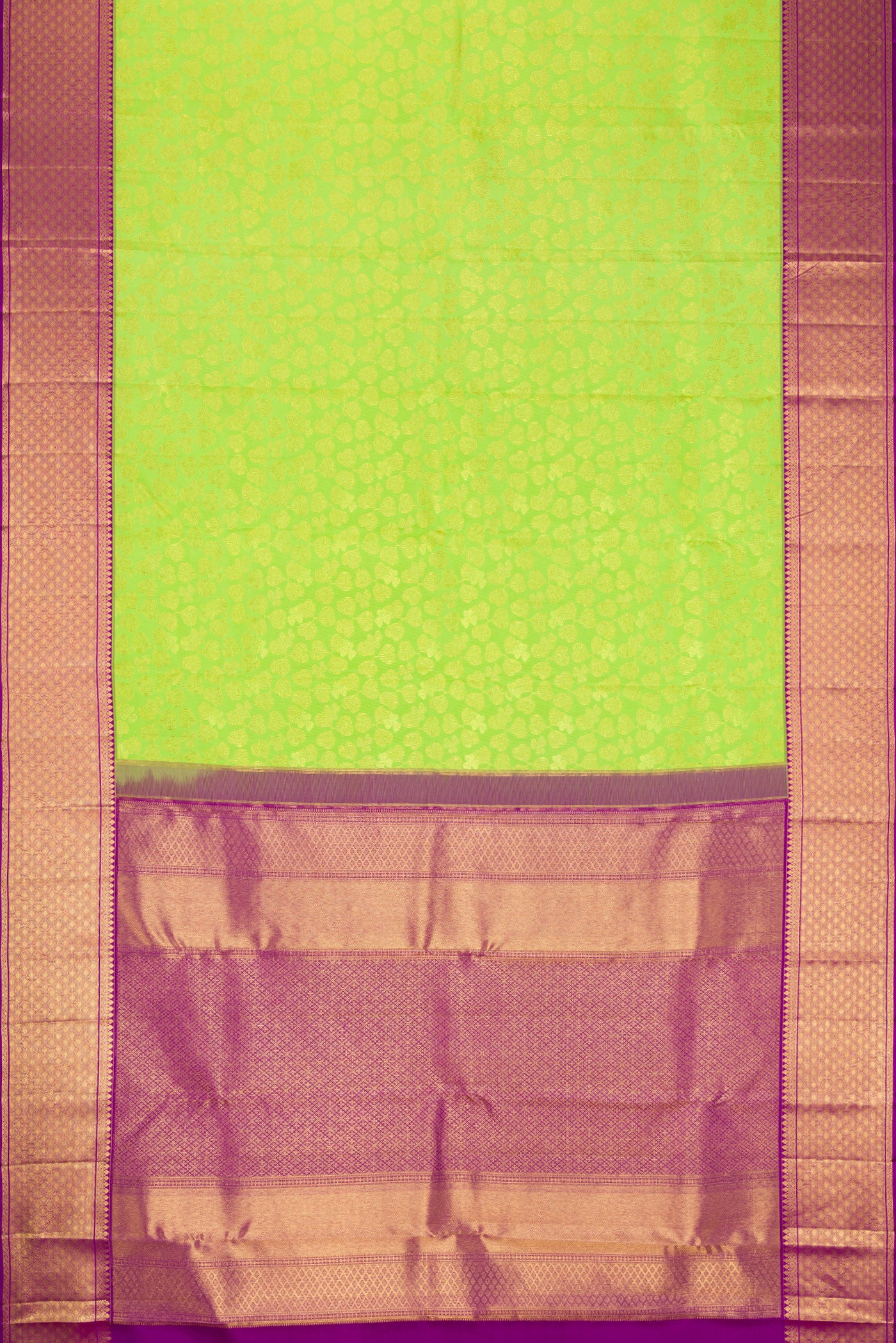 Flat view of Parrot Green Dual Tone Kanchipuram Silk Saree with Zari Brocade on the body and Zari Border. 