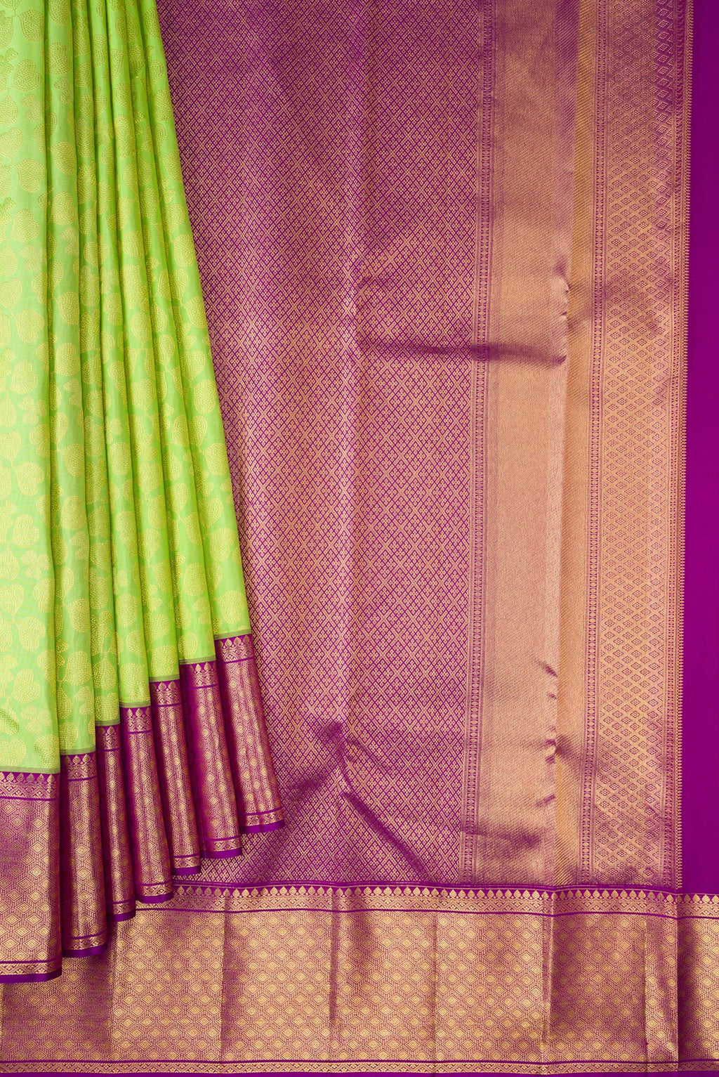 Pleats and pallu of Parrot Green Dual Tone Kanchipuram Silk Saree with Zari Brocade on the body and Zari Border. 