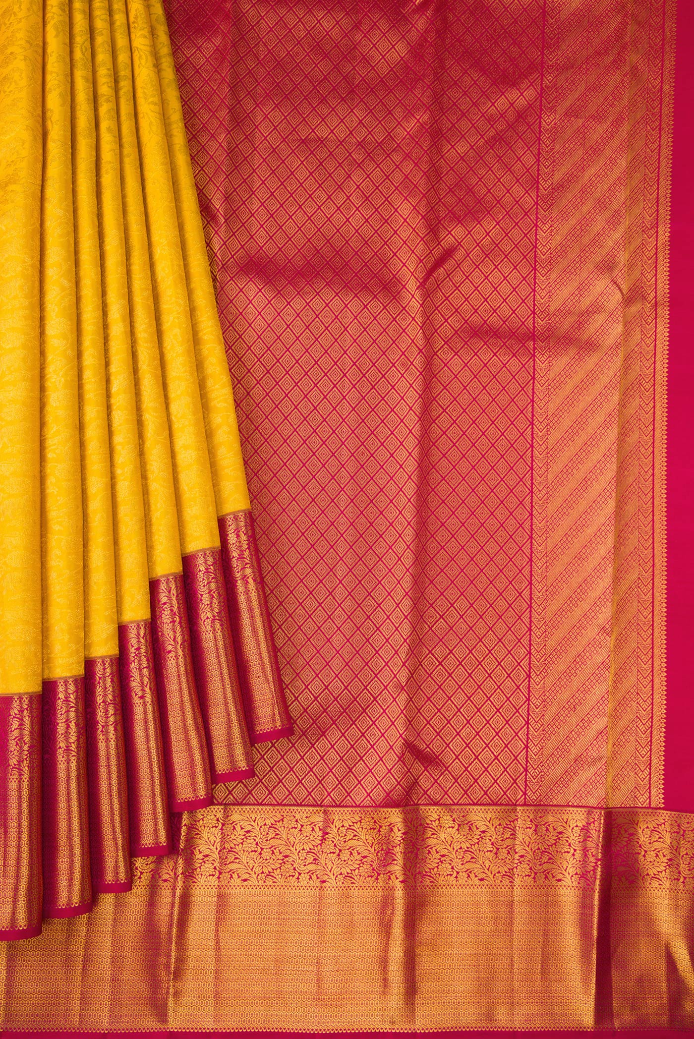 Pleats and pallu of Yellow Kanchipuram Silk Saree with Zari Brocade on the body and Zari Border. 