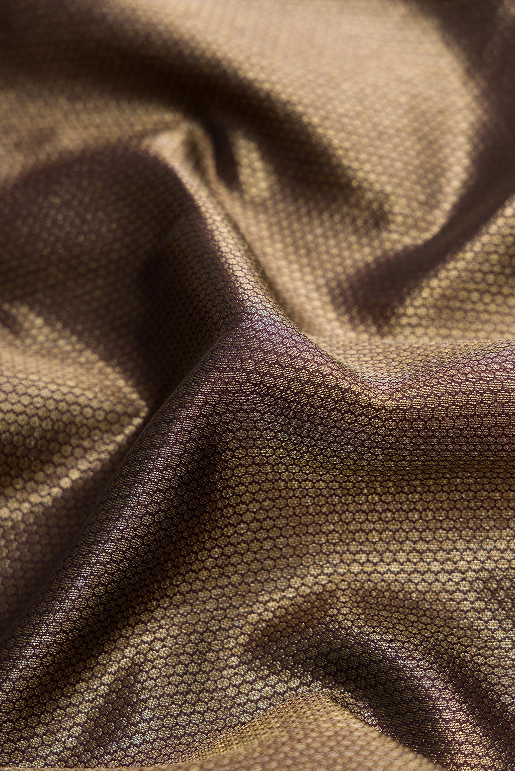 Close up of Coffee Brown Dual Tone Kanchipuram Silk Saree with Zari Brocade on the body and Zari Border.  displaying folds