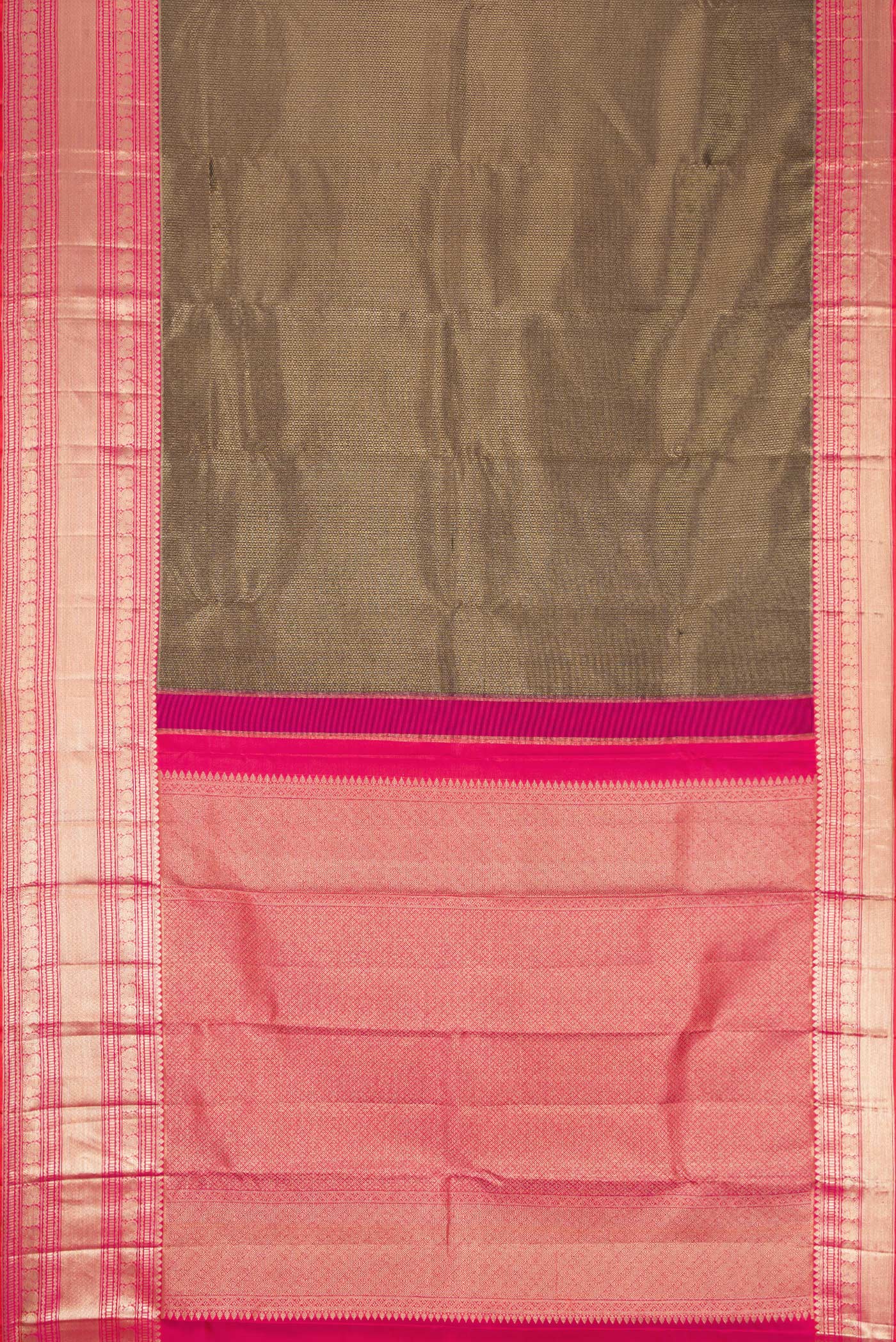 Flat view of Coffee Brown Dual Tone Kanchipuram Silk Saree with Zari Brocade on the body and Zari Border. 