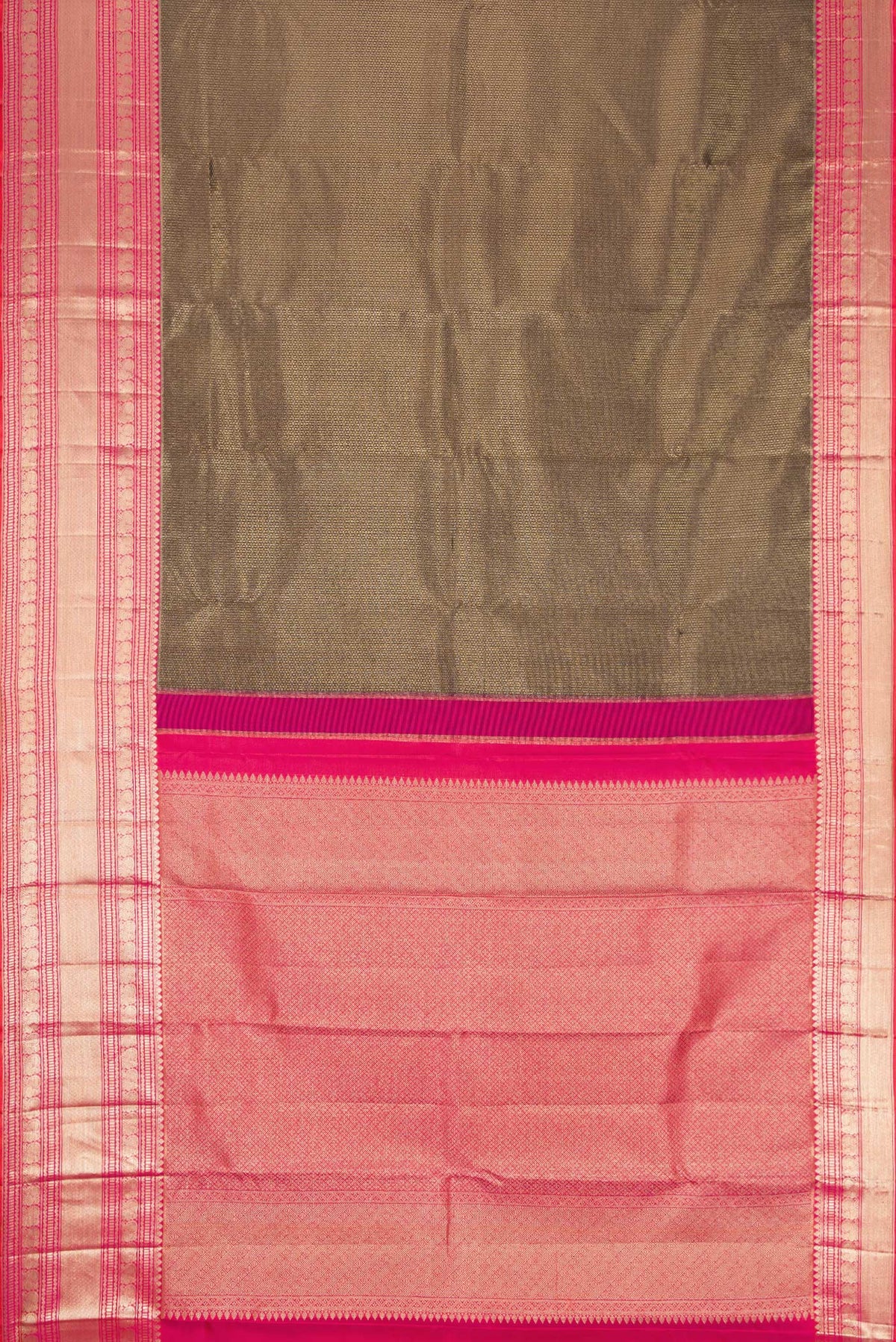 Flat view of Coffee Brown Dual Tone Kanchipuram Silk Saree with Zari Brocade on the body and Zari Border. 