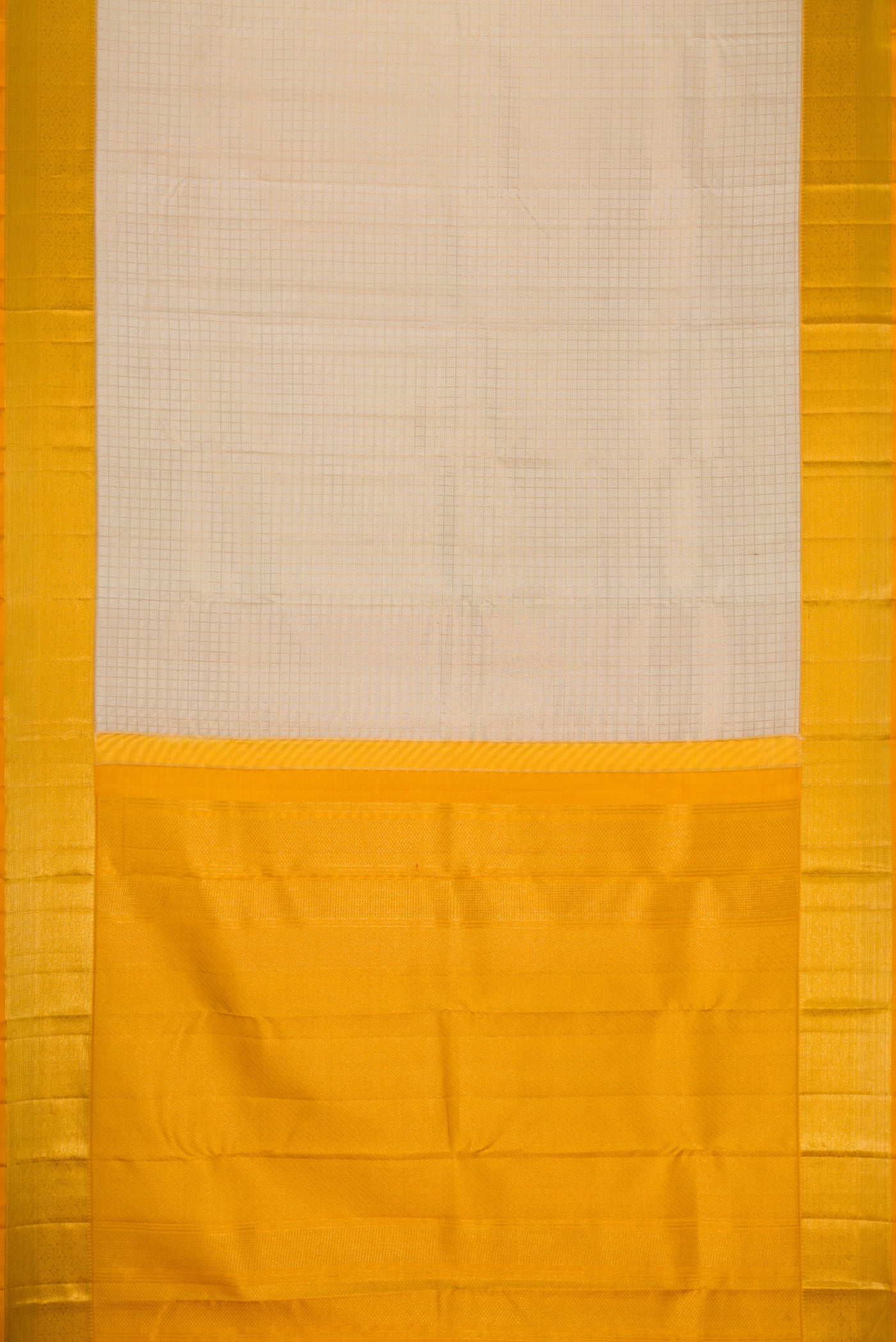 Flat view of Beige Dual Tone Kanchipuram Silk Saree with Checked design on the body and Zari Border. 