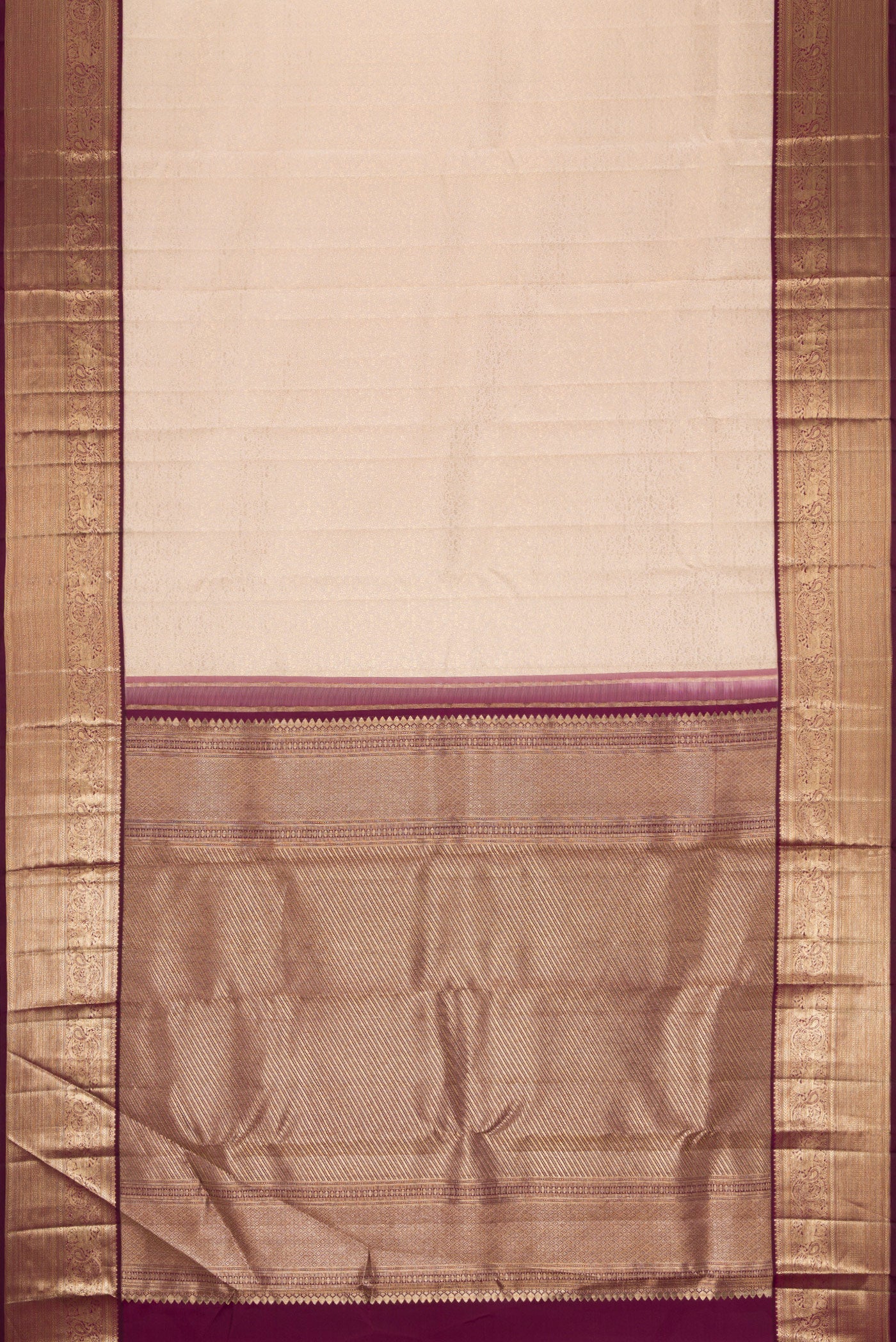 Flat view of Brown Dual Tone Kanchipuram Silk Saree with Zari Brocade on the body and Zari Border. 