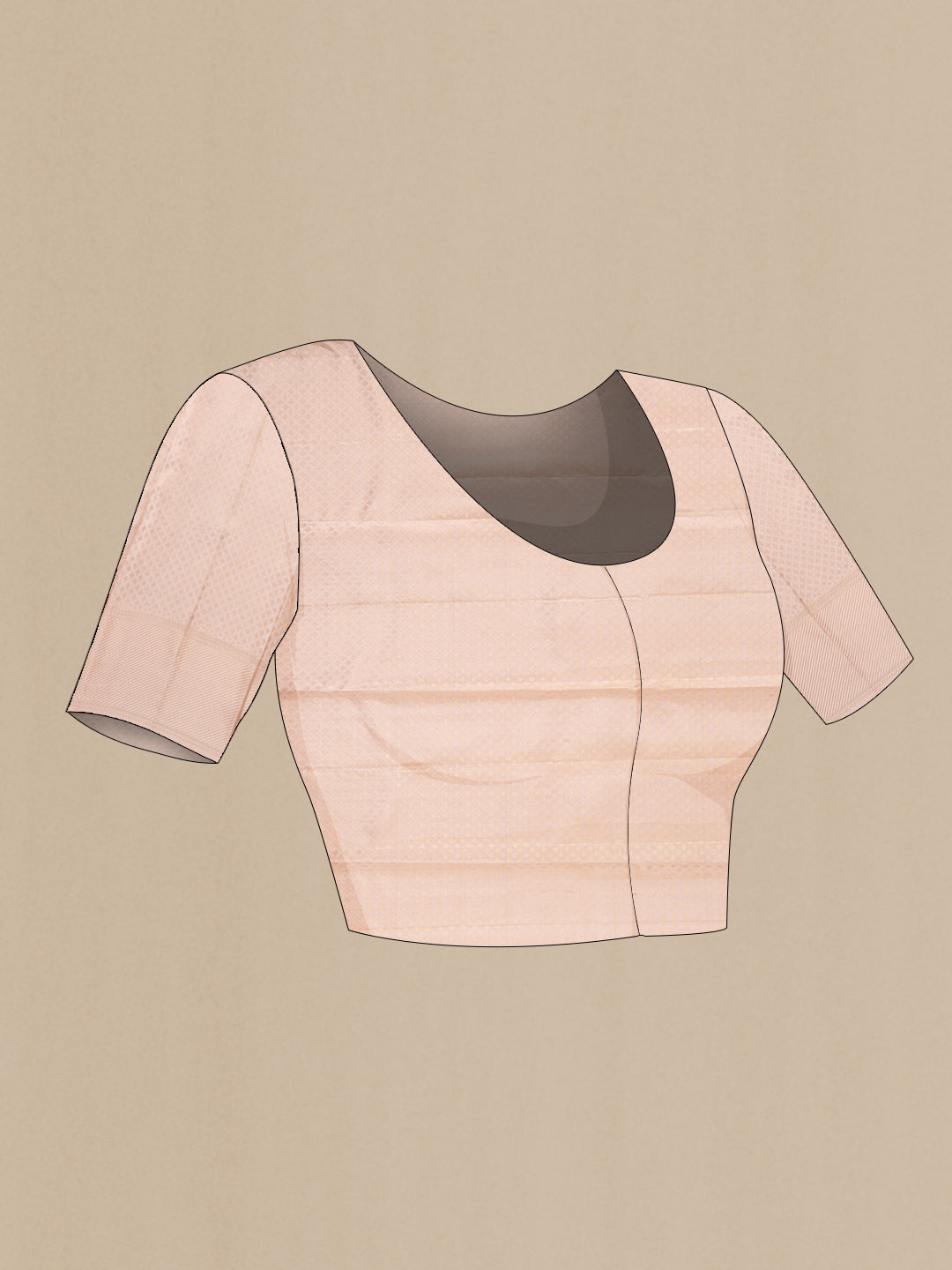 Close up image of the blouse of Rose Gold Dual Tone Kanchipuram Silk Saree with Zari Brocade on the body and Zari Border. 