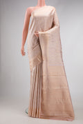 Rose Gold Dual Tone Kanchipuram Silk Saree with Zari Brocade on the body and Zari Border.  displayed on a mannequin