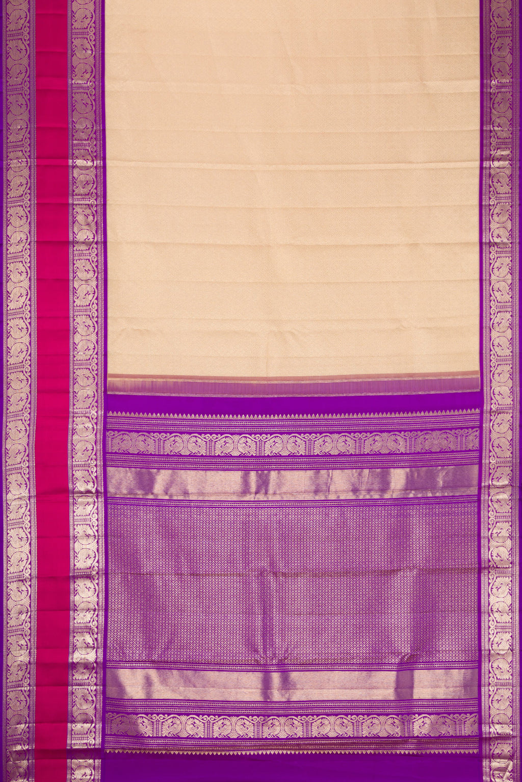 Flat view of Beige Dual Tone Kanchipuram Silk Saree with Zari Brocade on the body and Zari Border. 