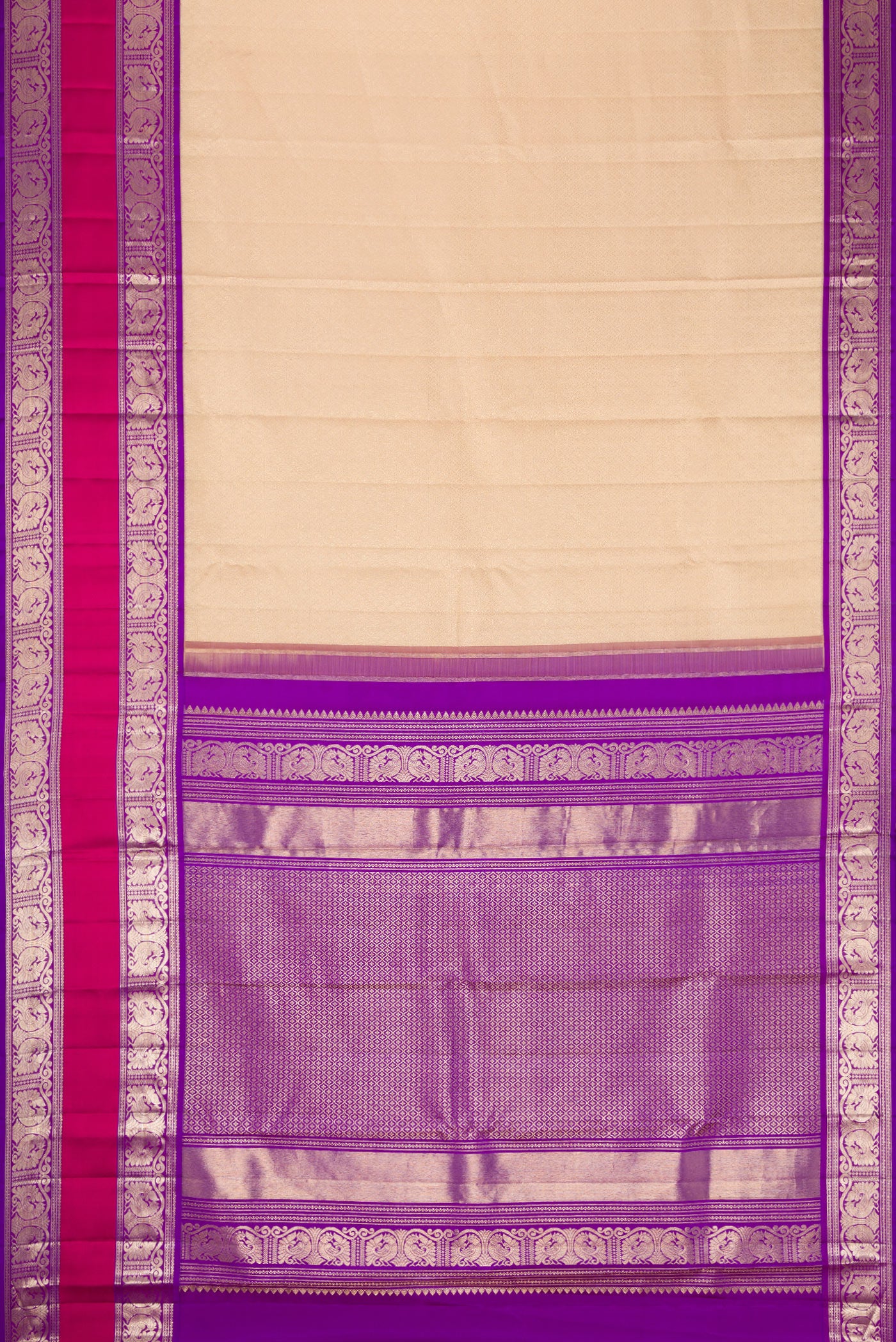Flat view of Beige Dual Tone Kanchipuram Silk Saree with Zari Brocade on the body and Zari Border. 