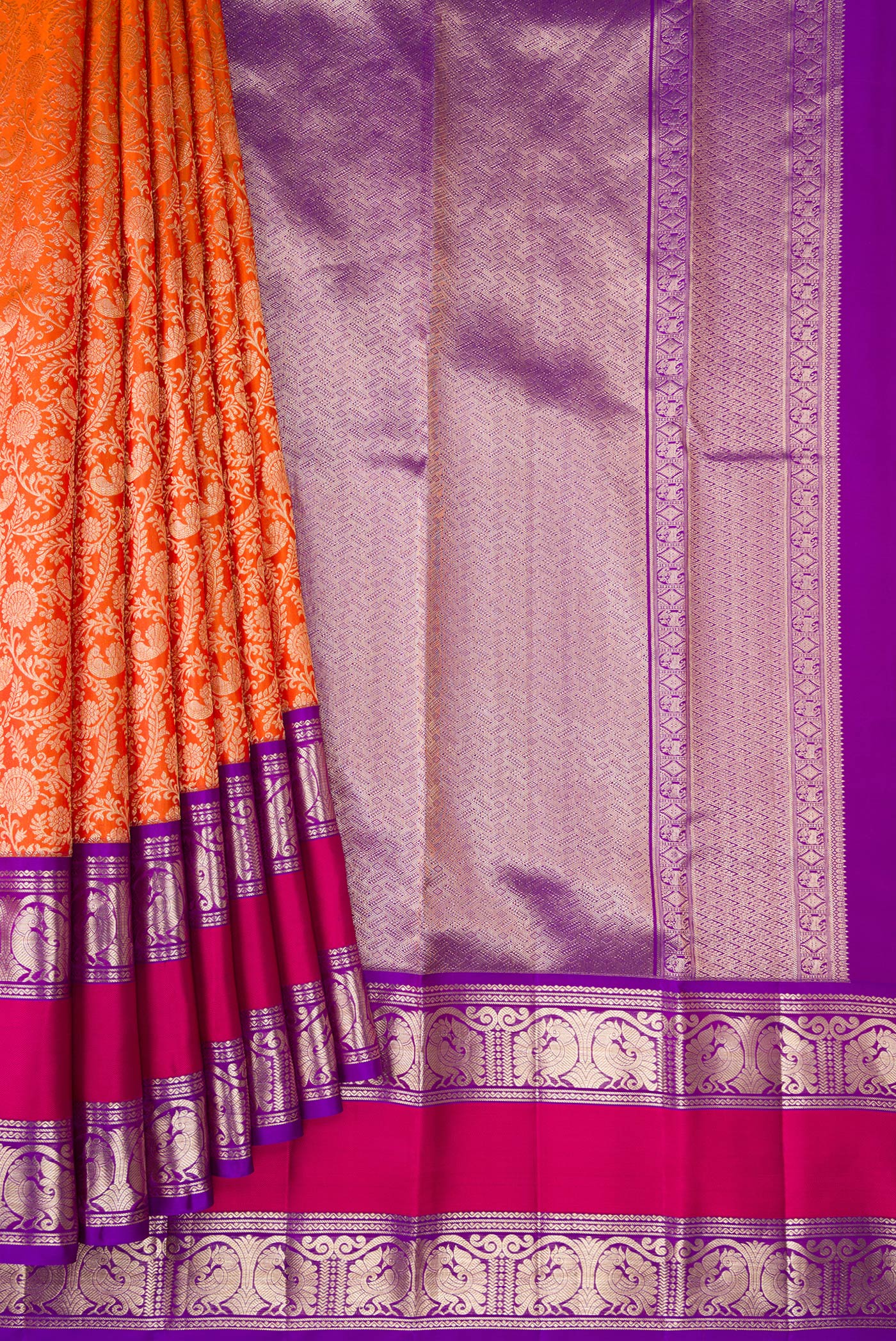 Pleats and pallu of Orange Dual Tone Kanchipuram Silk Saree with Zari Brocade on the body and Zari Border. 