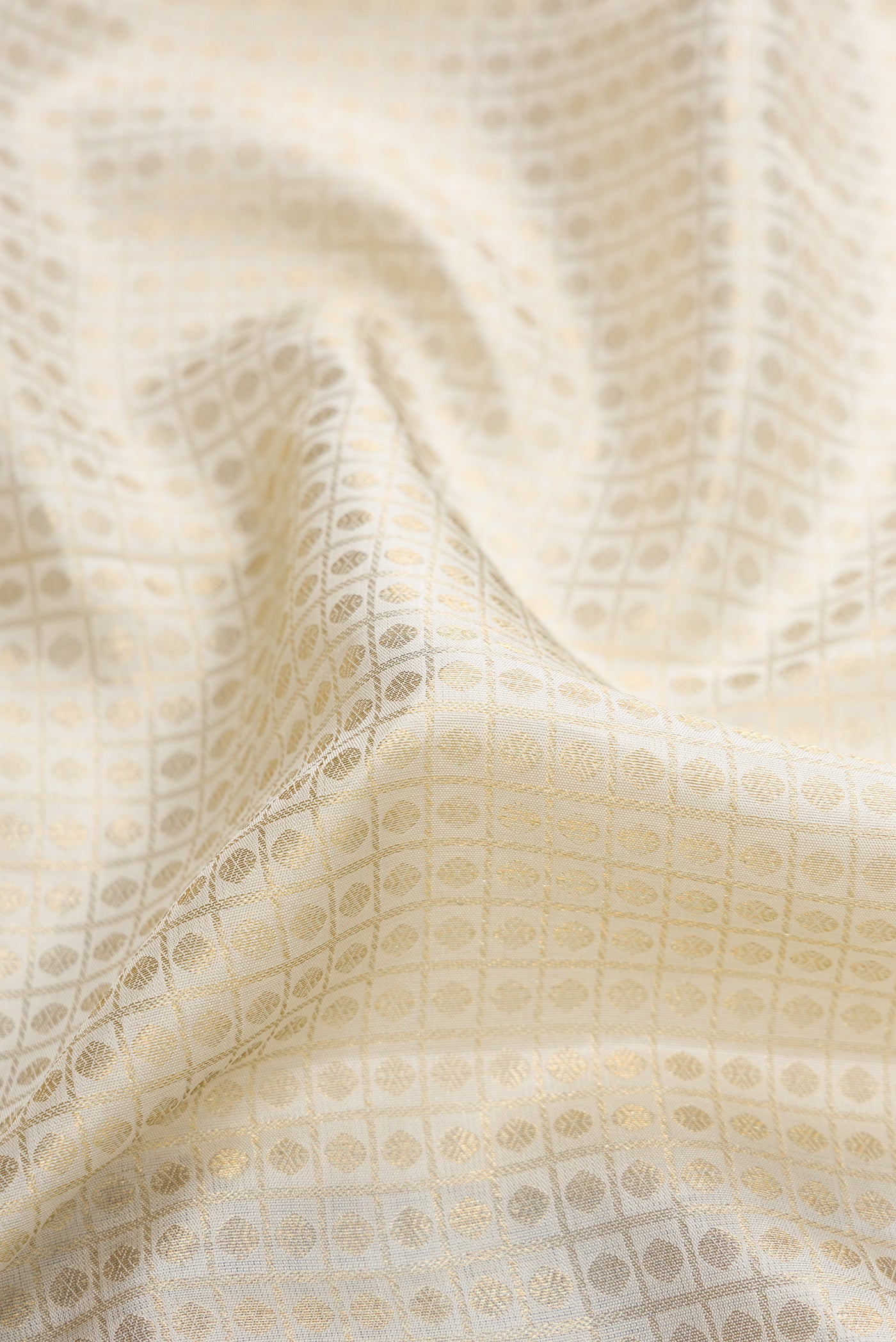 Close up of Off White Dual Tone Kanchipuram Silk Saree with Zari Brocade on the body and Zari Border.  displaying folds