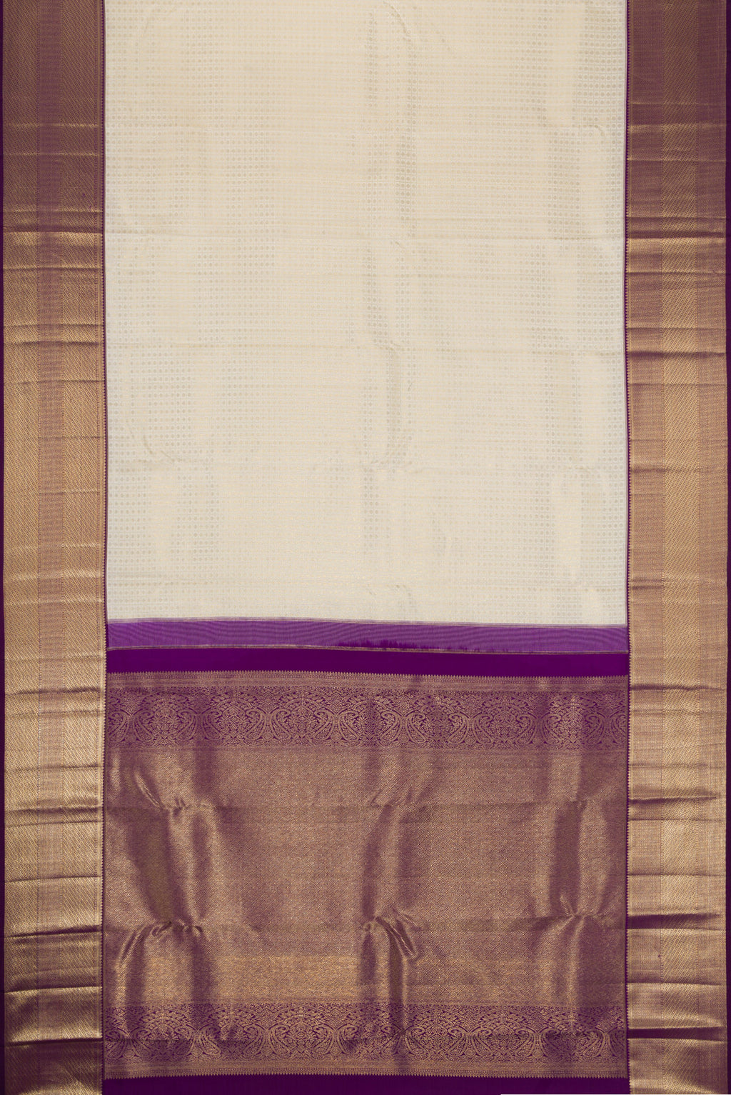 Flat view of Off White Dual Tone Kanchipuram Silk Saree with Zari Brocade on the body and Zari Border. 