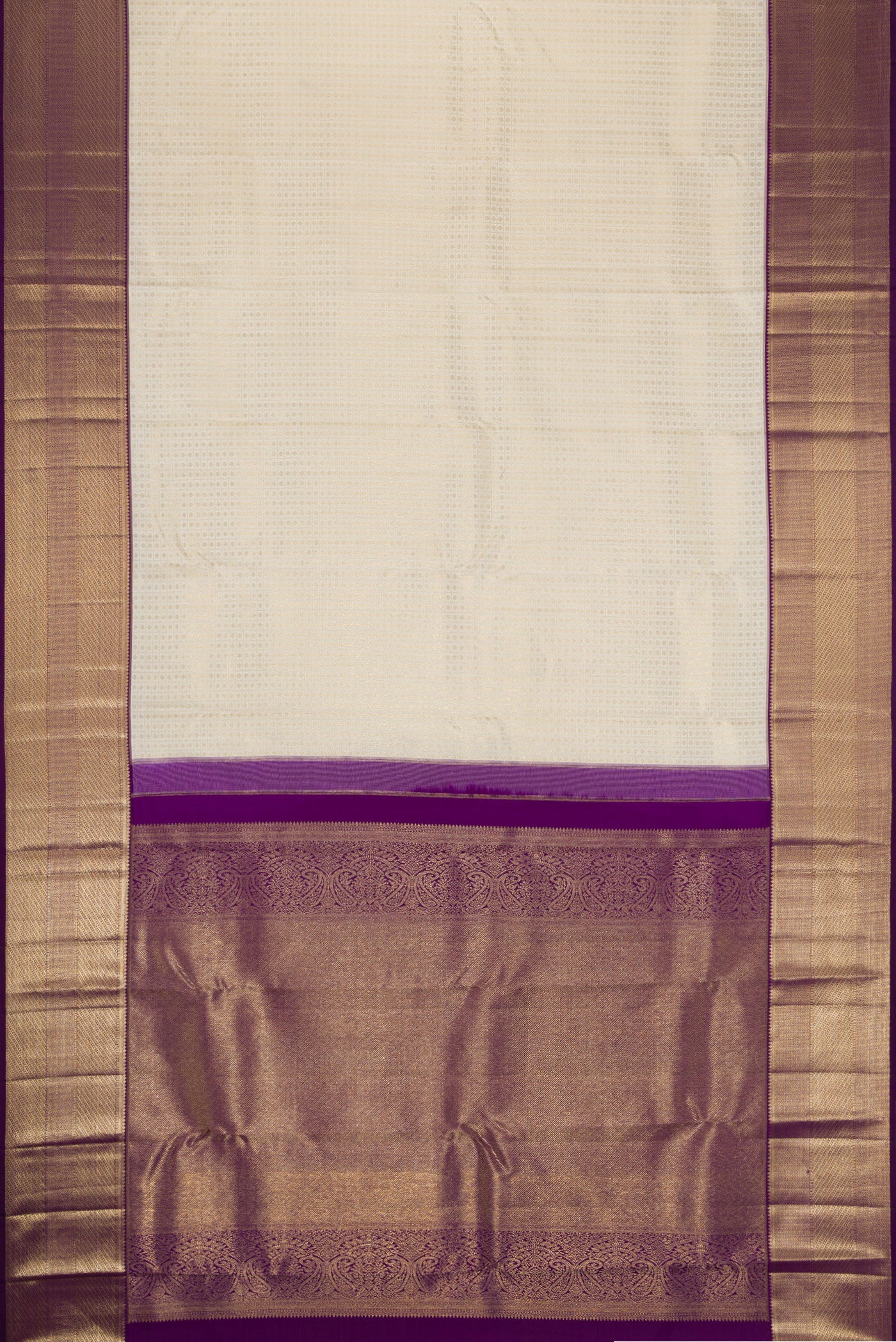 Flat view of Off White Dual Tone Kanchipuram Silk Saree with Zari Brocade on the body and Zari Border. 
