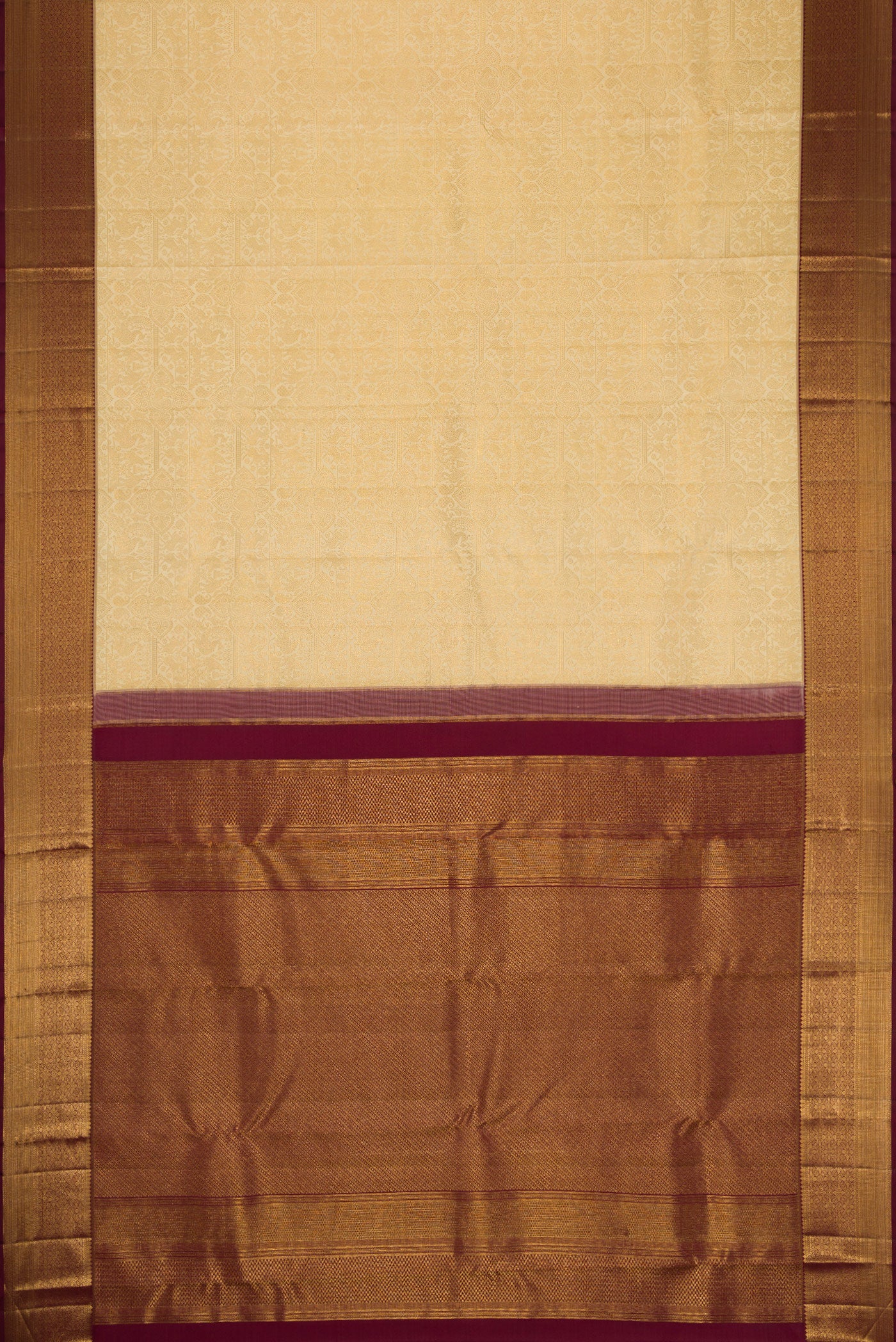 Flat view of Gold Dual Tone Kanchipuram Silk Saree with Zari Brocade on the body and Zari Border. 