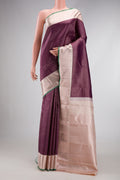 Burgundy Dual Tone Kanchipuram Silk Saree with Zari Brocade on the body and Zari Border.  displayed on a mannequin