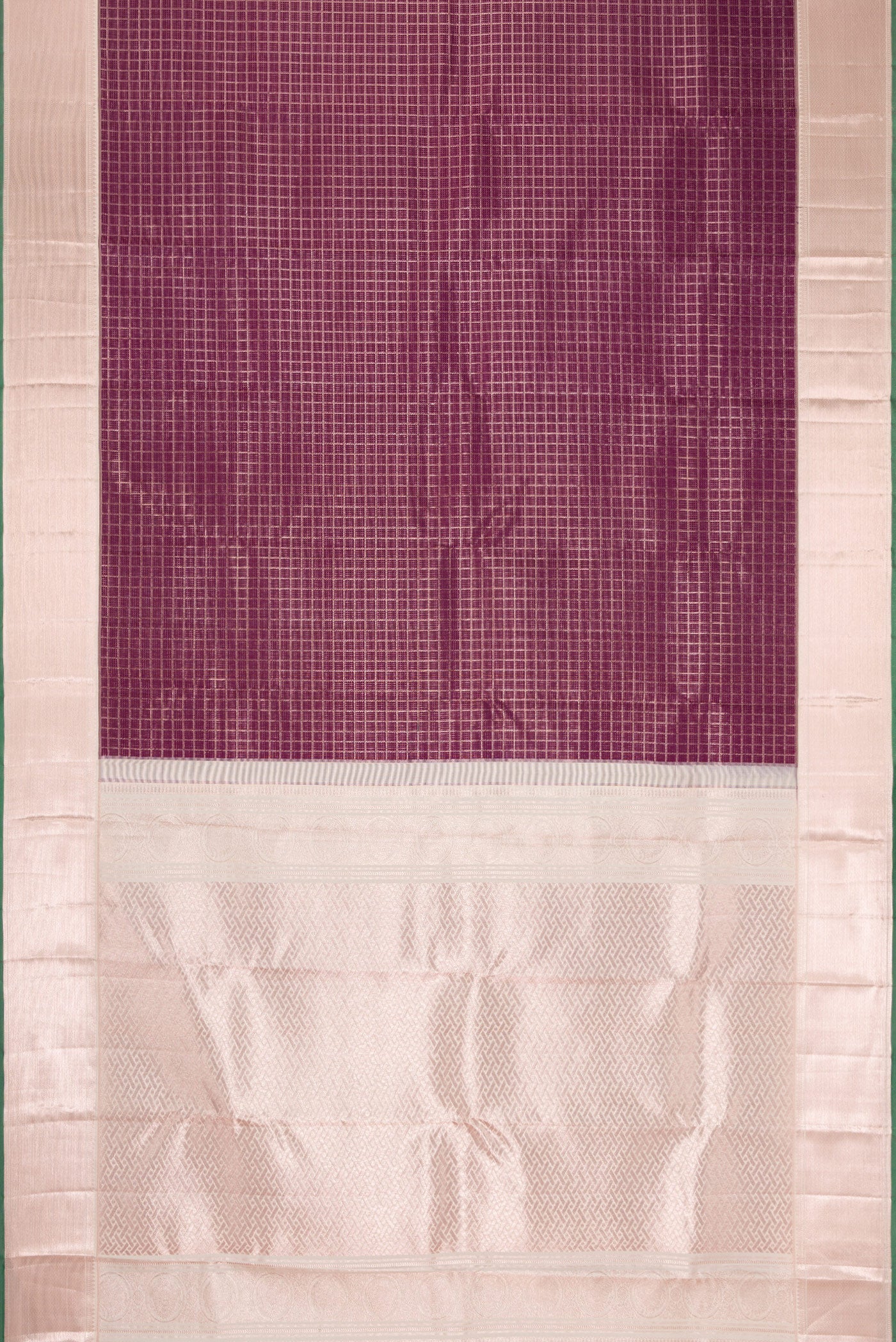 Flat view of Burgundy Dual Tone Kanchipuram Silk Saree with Zari Brocade on the body and Zari Border. 