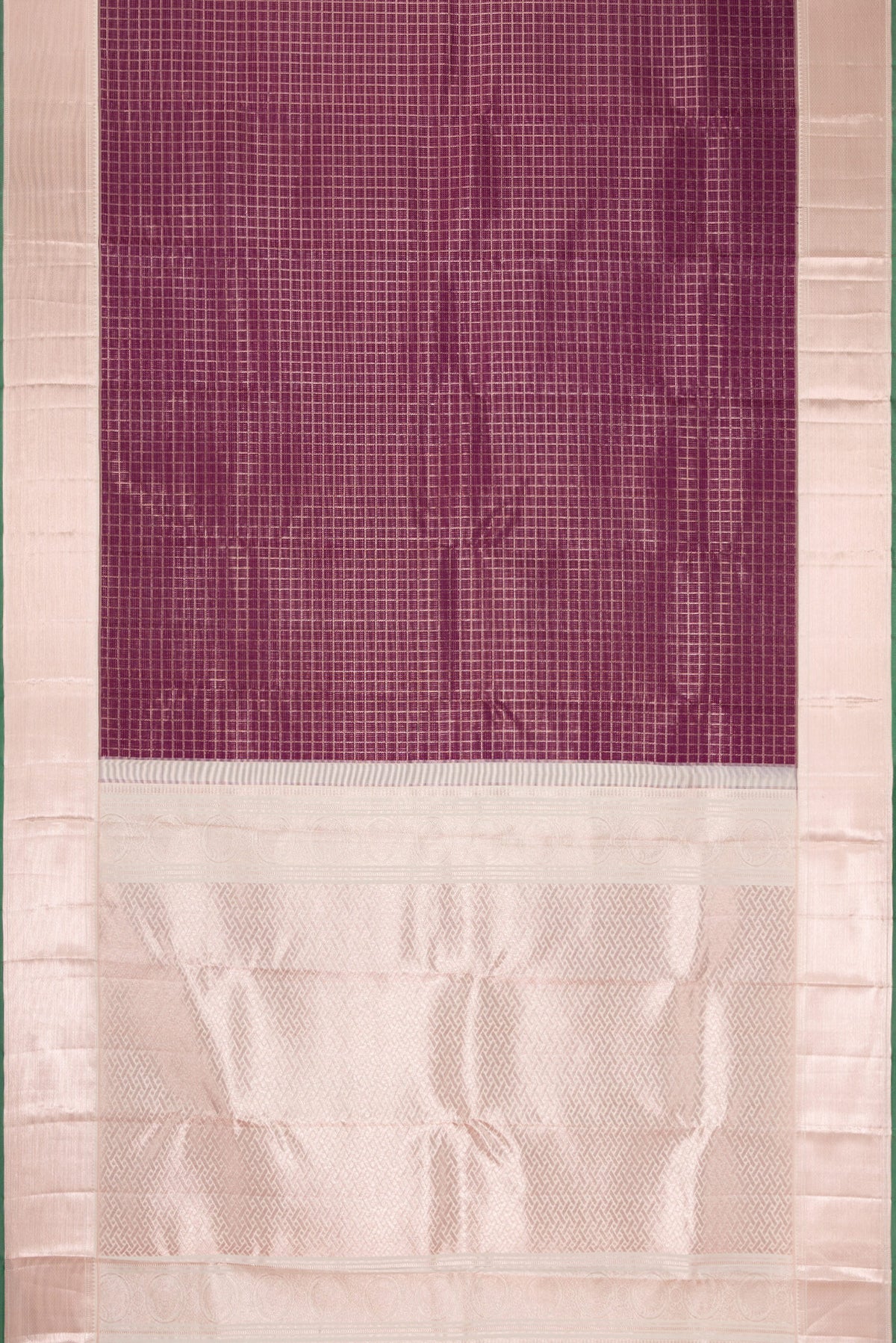 Flat view of Burgundy Dual Tone Kanchipuram Silk Saree with Zari Brocade on the body and Zari Border. 
