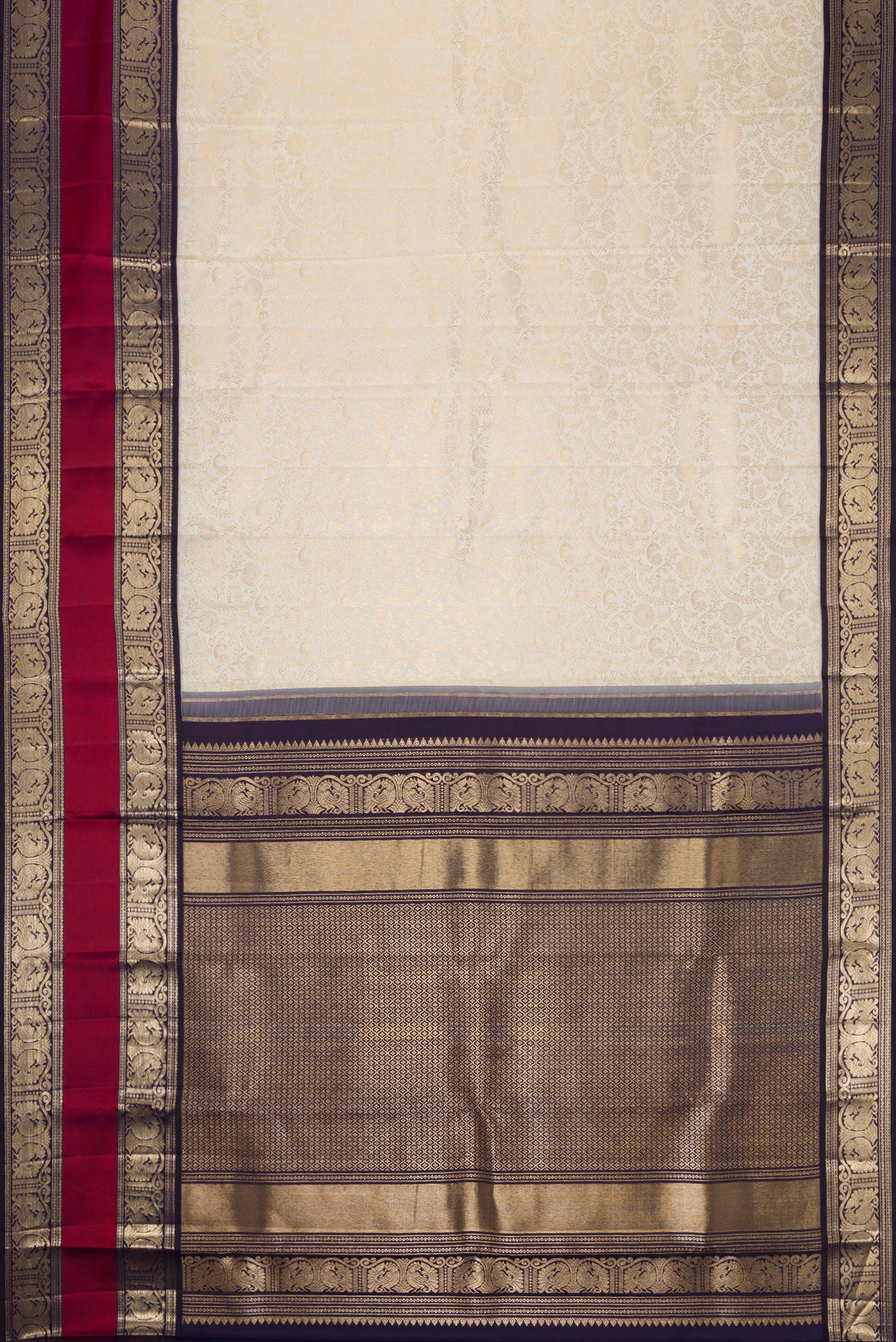 Flat view of Off White Dual Tone Kanchipuram Silk Saree with Zari Brocade on the body and Zari Border. 