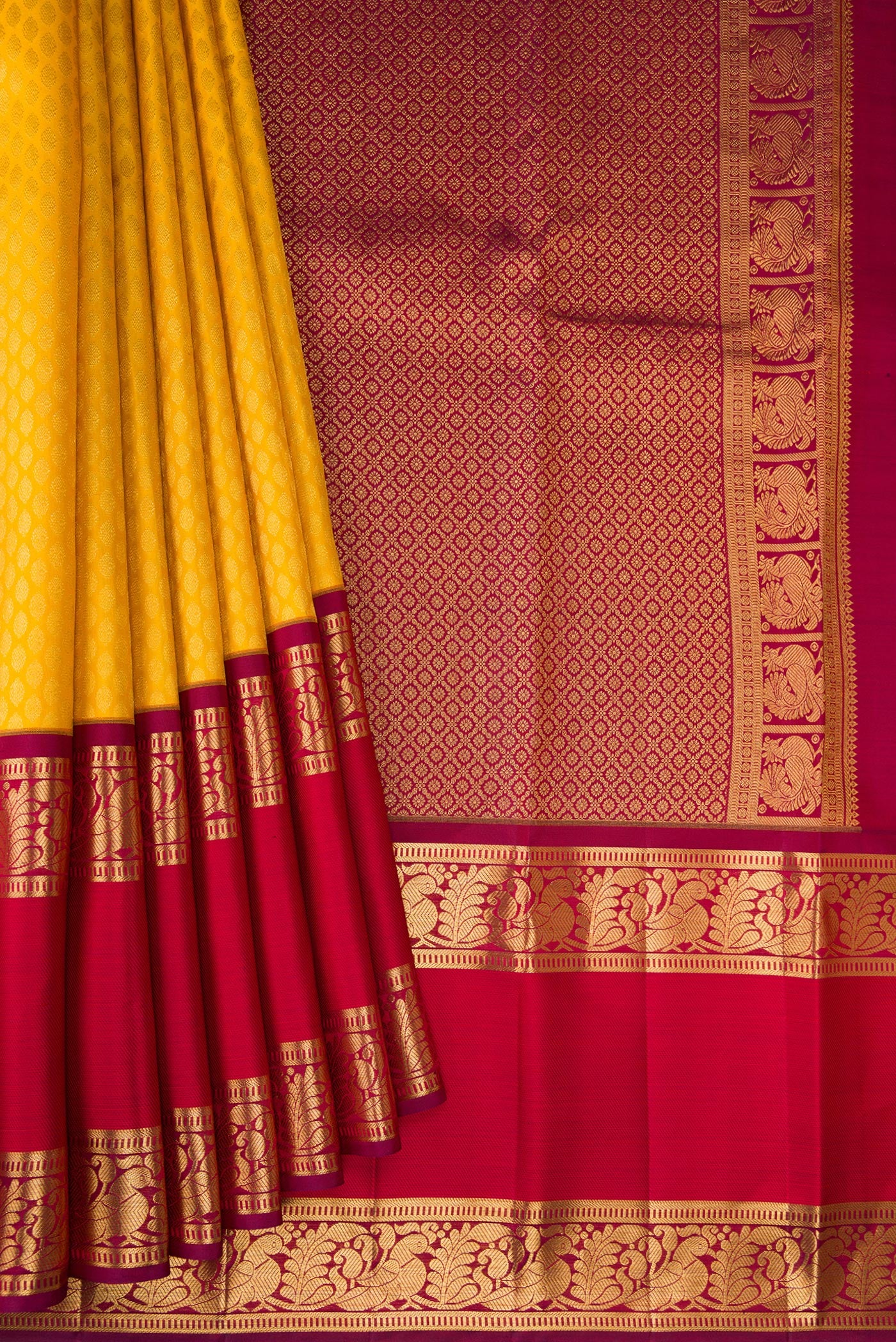 Pleats and pallu of Yellow Kanchipuram Silk Saree with Zari Brocade on the body and Zari Border. 