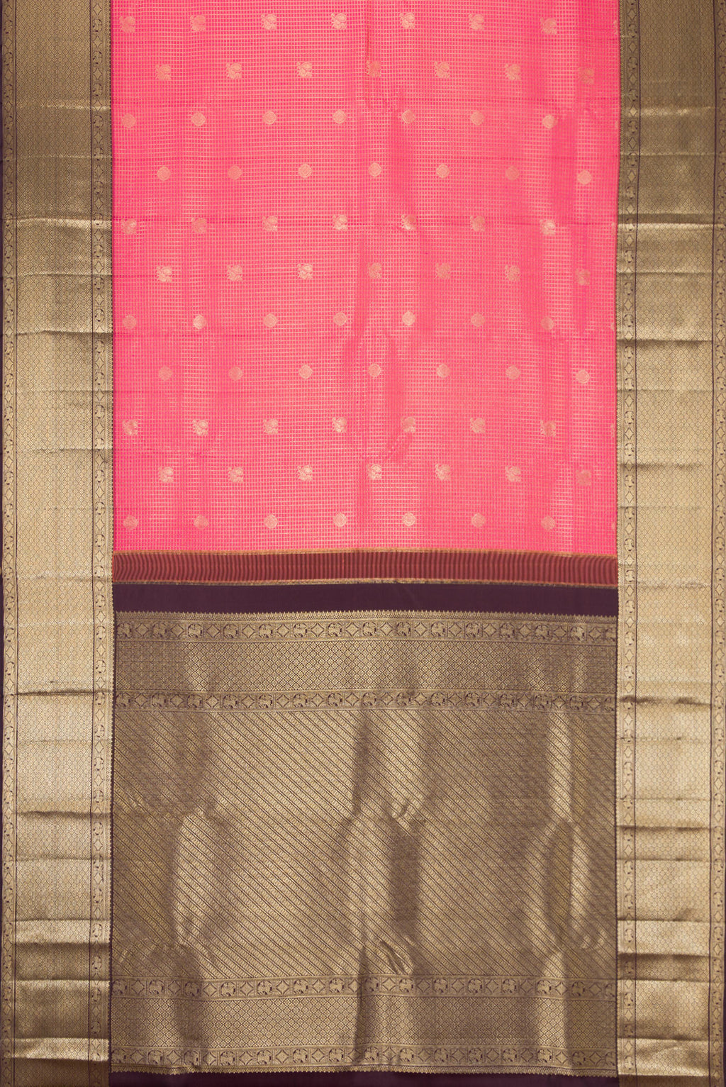 Flat view of Pink Dual Tone Kanchipuram Silk Saree with Checked design on the body and Zari Border. 