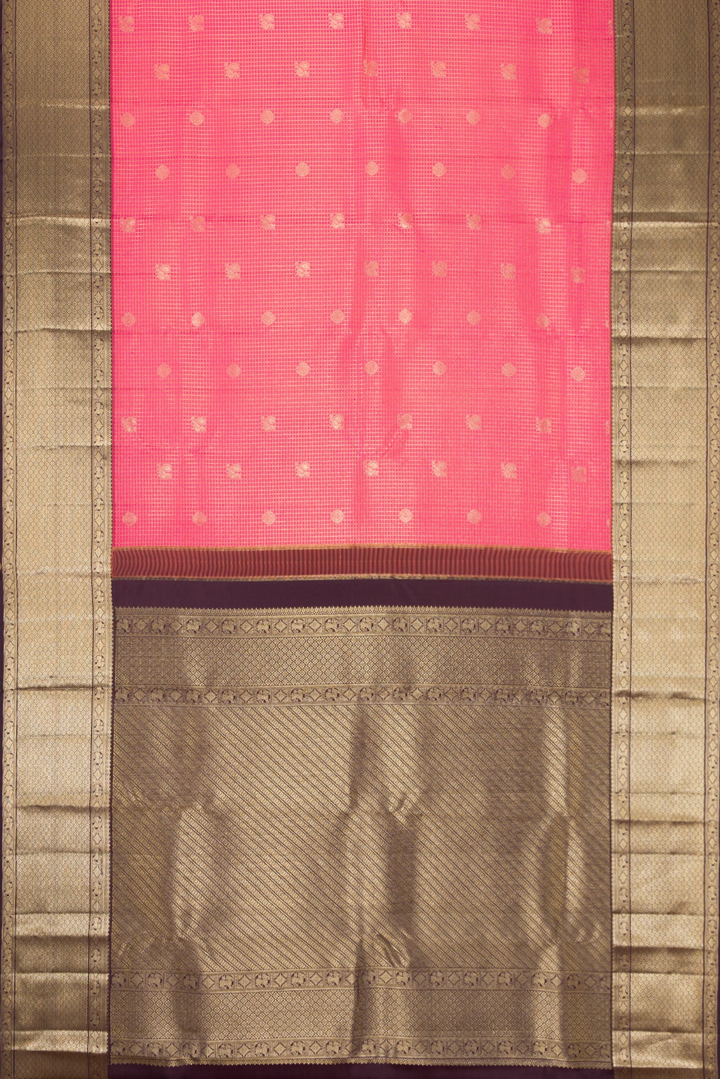 Flat view of Pink Dual Tone Kanchipuram Silk Saree with Checked design on the body and Zari Border. 