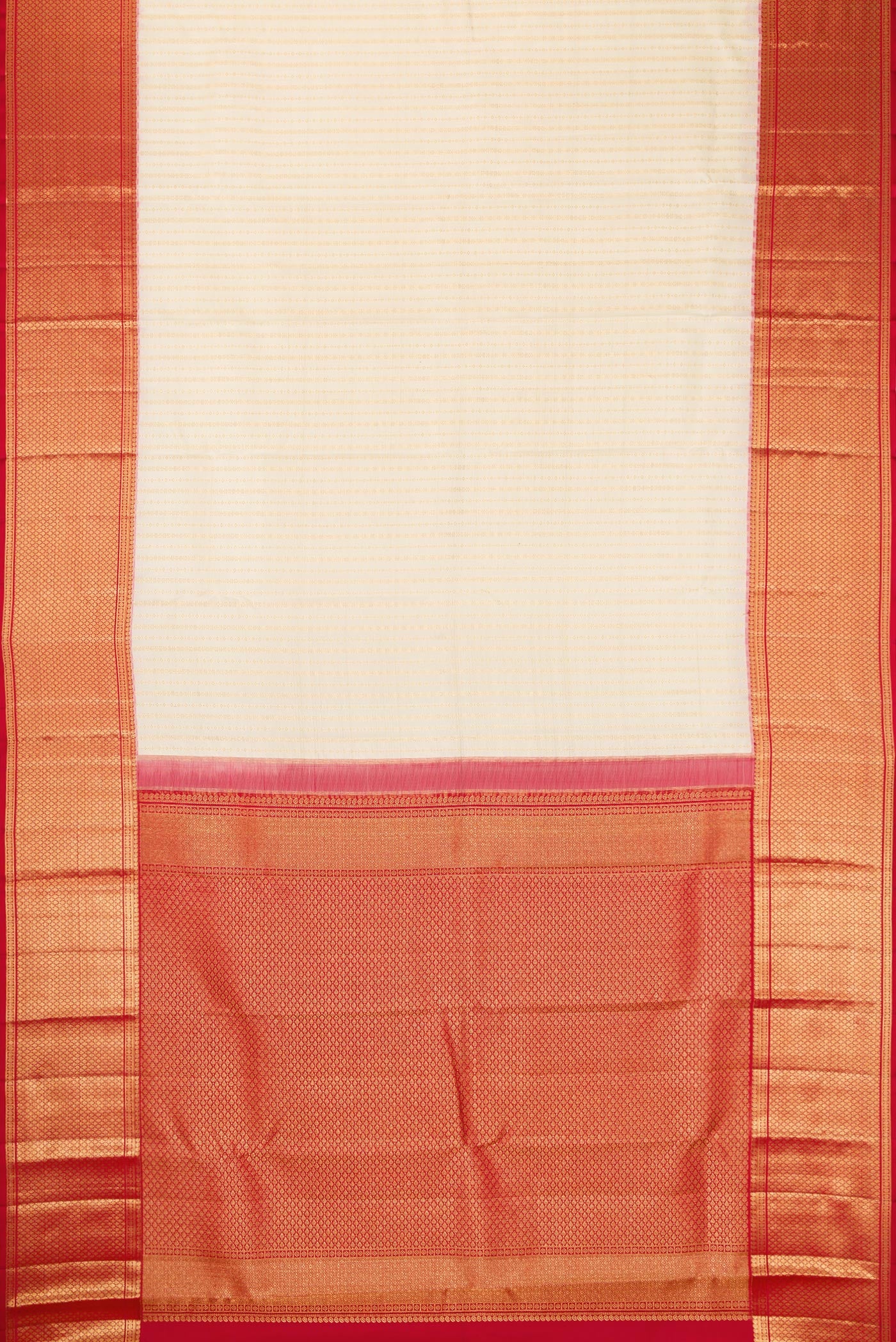 Flat view of Off White Dual Tone Kanchipuram Silk Saree with Zari Brocade on the body and Zari Border. 
