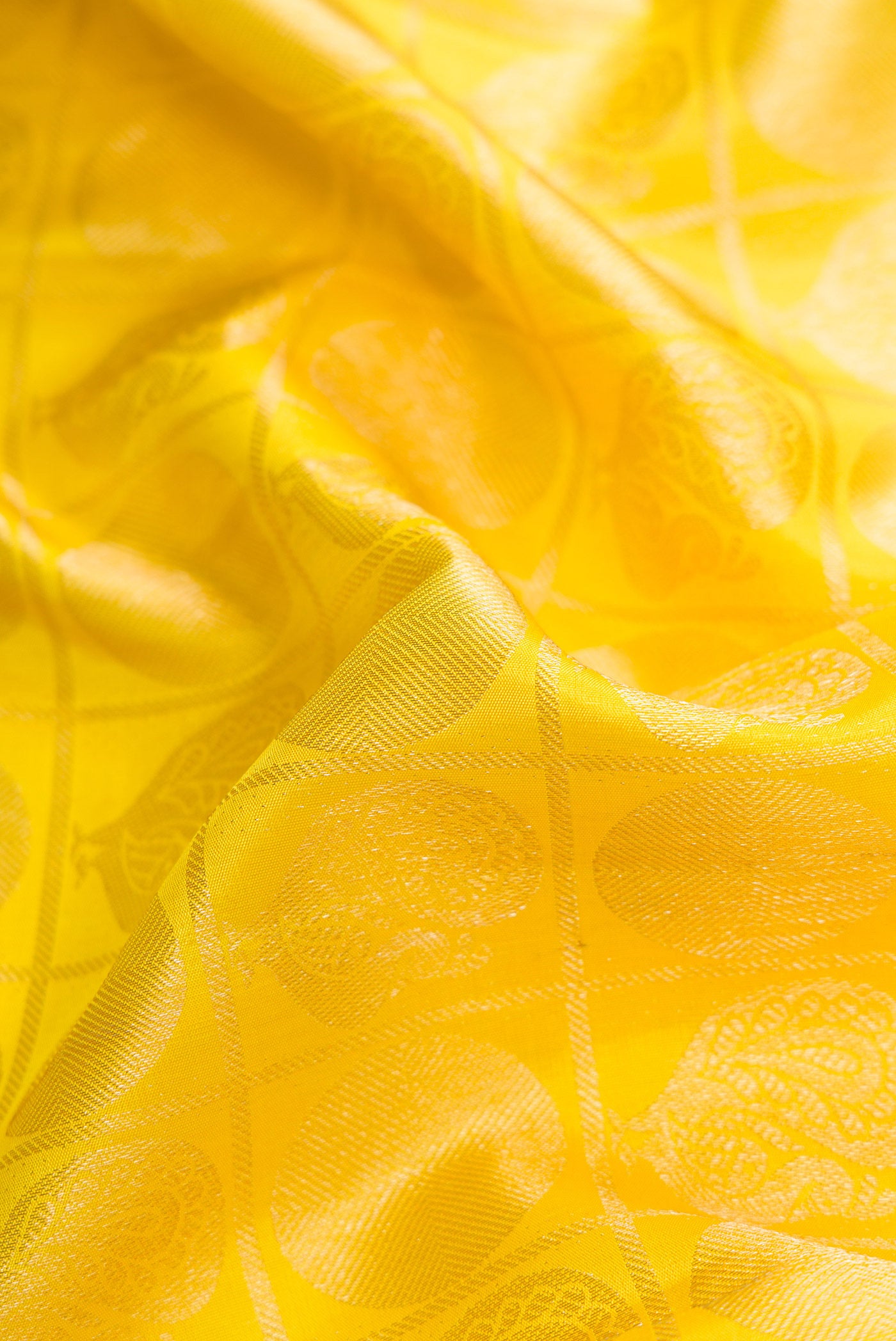 Close up of Yellow Dual Tone Kanchipuram Silk Saree with Zari Brocade on the body and Zari Border.  displaying folds