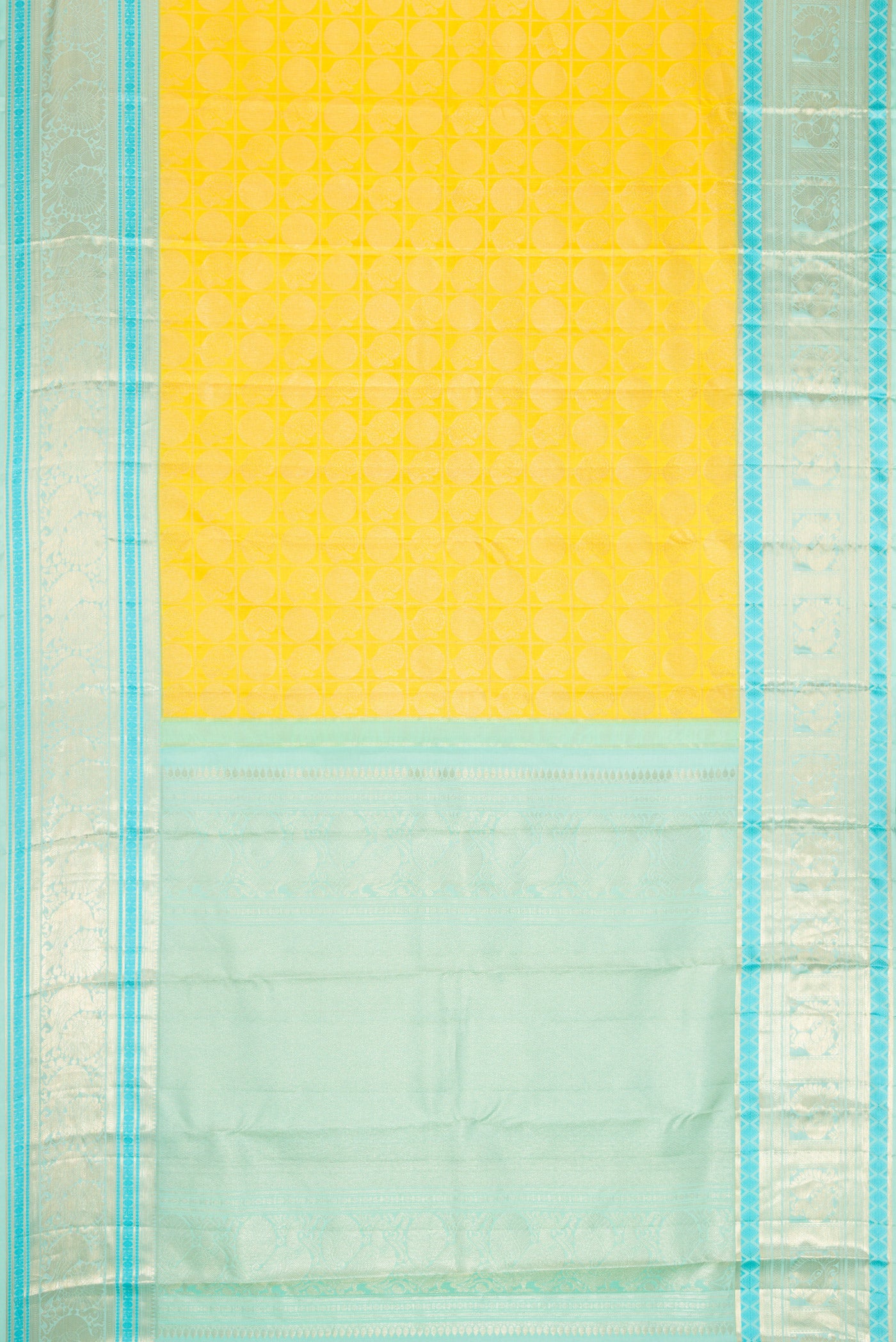 Flat view of Yellow Dual Tone Kanchipuram Silk Saree with Zari Brocade on the body and Zari Border. 
