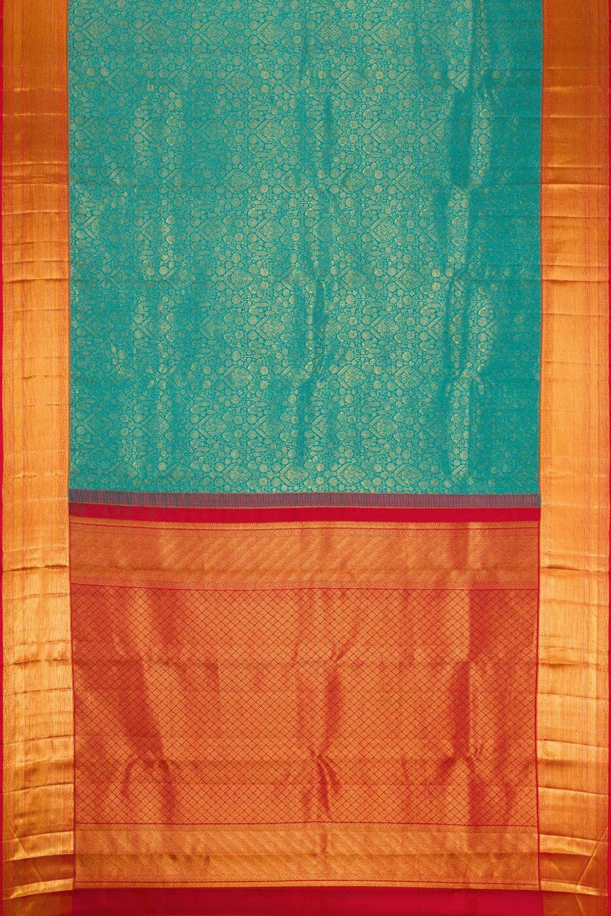 Flat view of Peacock Blue Dual Tone Kanchipuram Silk Saree with Zari Brocade on the body and Zari Border. 