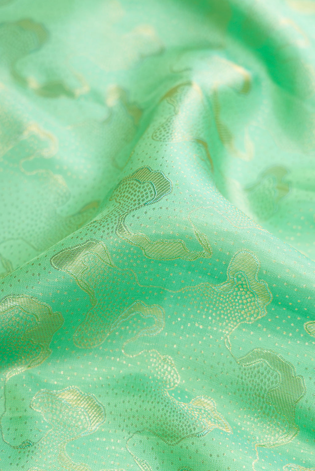 Close up of Sea Green Dual Tone Kanchipuram Silk Saree with Zari Brocade on the body and Zari Border.  displaying folds