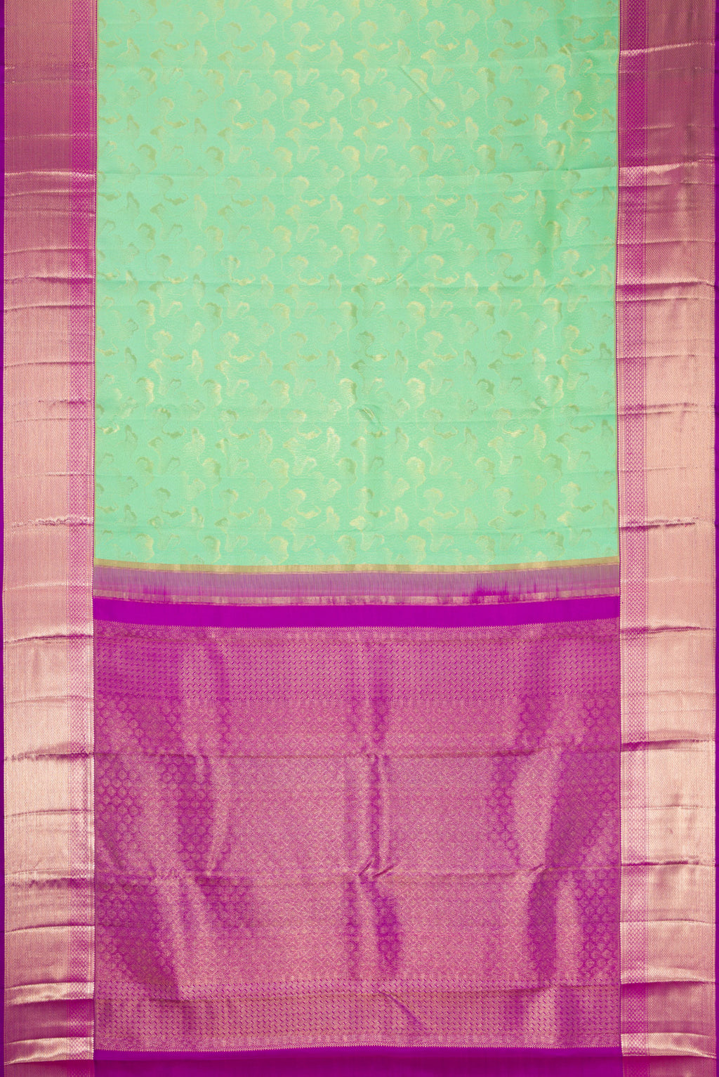 Flat view of Sea Green Dual Tone Kanchipuram Silk Saree with Zari Brocade on the body and Zari Border. 